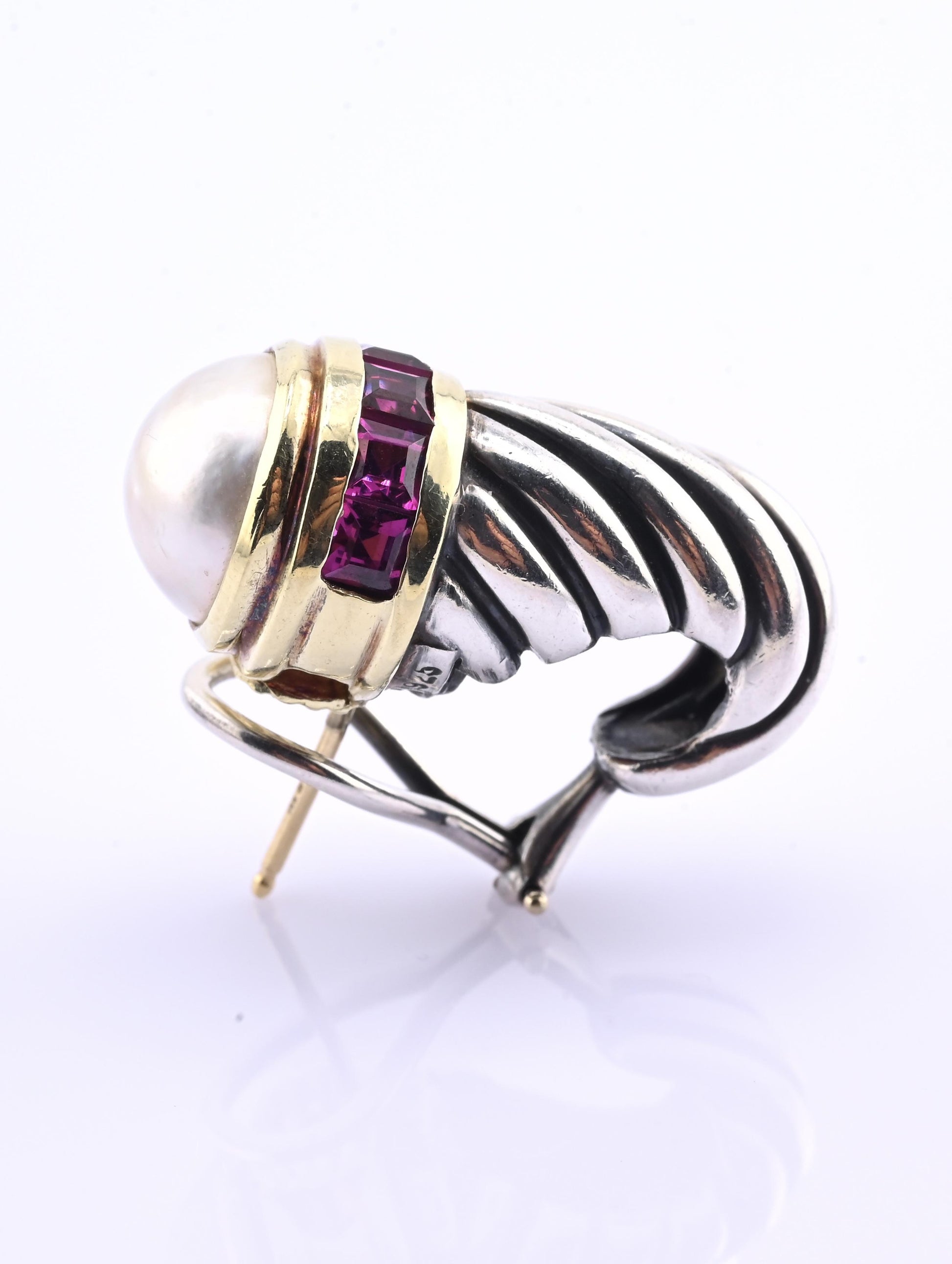 David Yurman Pearl & Rhodolite 14k Gold Sterling Silver Cable Hoop Earrings