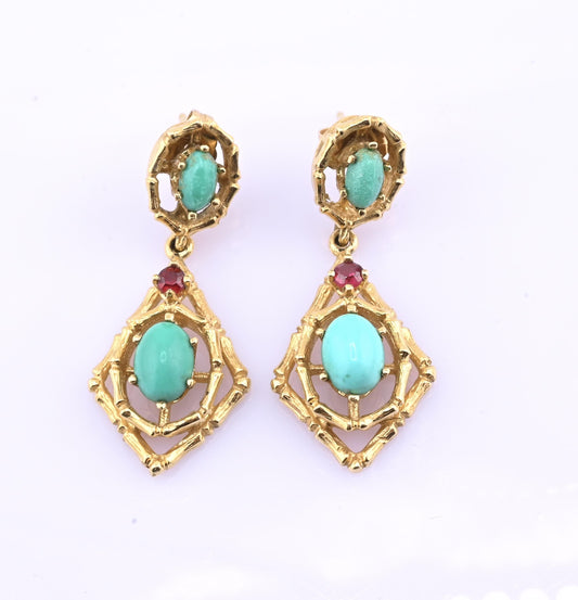 Vintage 14k Gold Turquoise & Red Stone Openwork Dangle Earrings