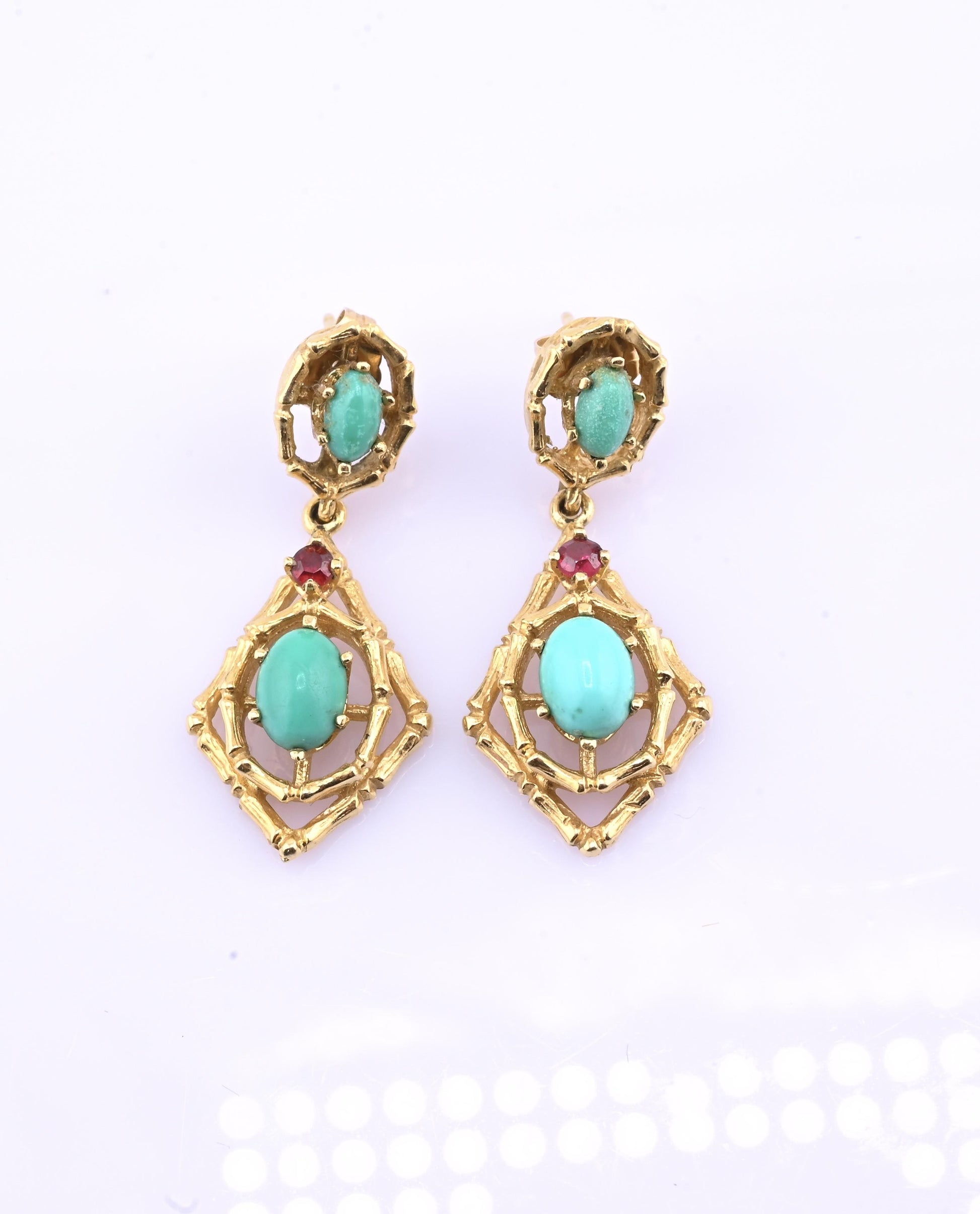 Vintage 14k Gold Turquoise & Red Stone Openwork Dangle Earrings