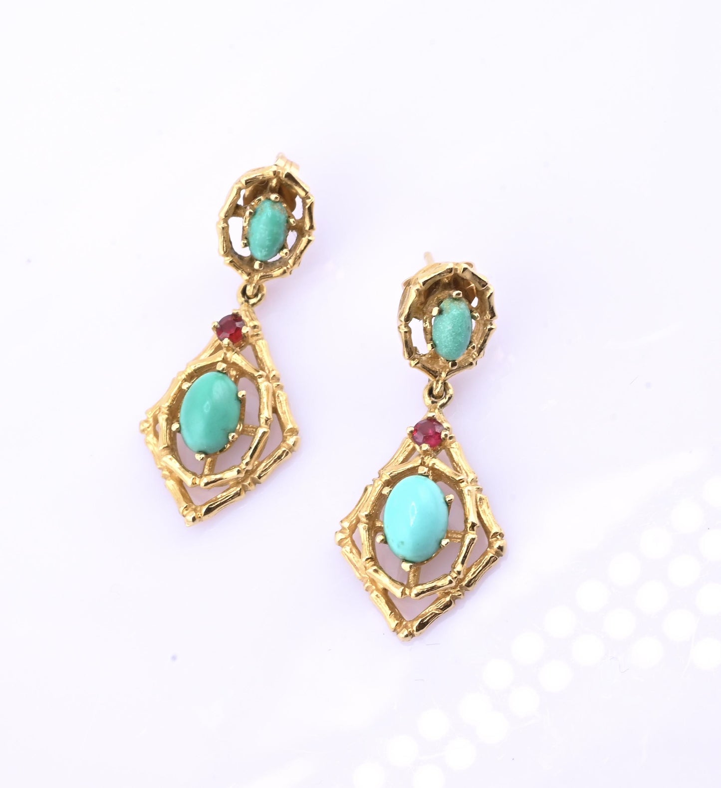 Vintage 14k Gold Turquoise & Red Stone Openwork Dangle Earrings
