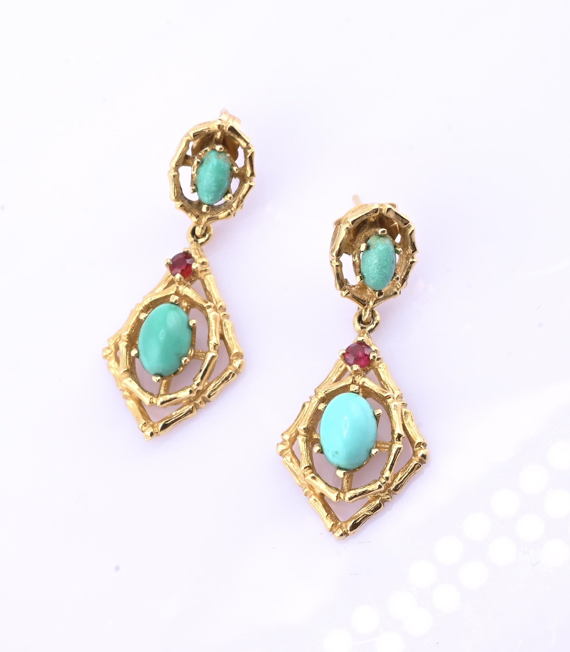 Vintage 14k Gold Turquoise & Red Stone Openwork Dangle Earrings