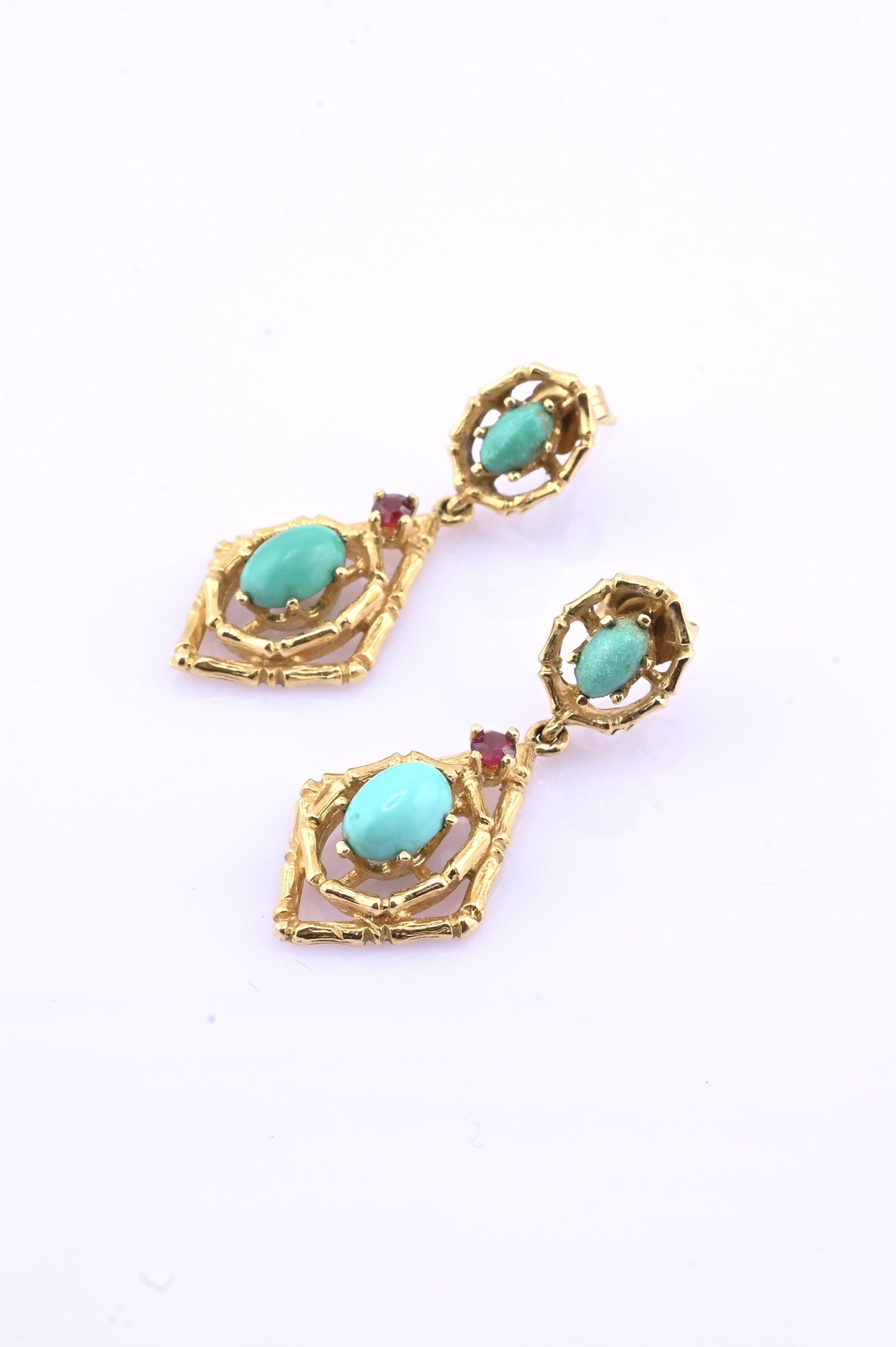 Vintage 14k Gold Turquoise & Red Stone Openwork Dangle Earrings