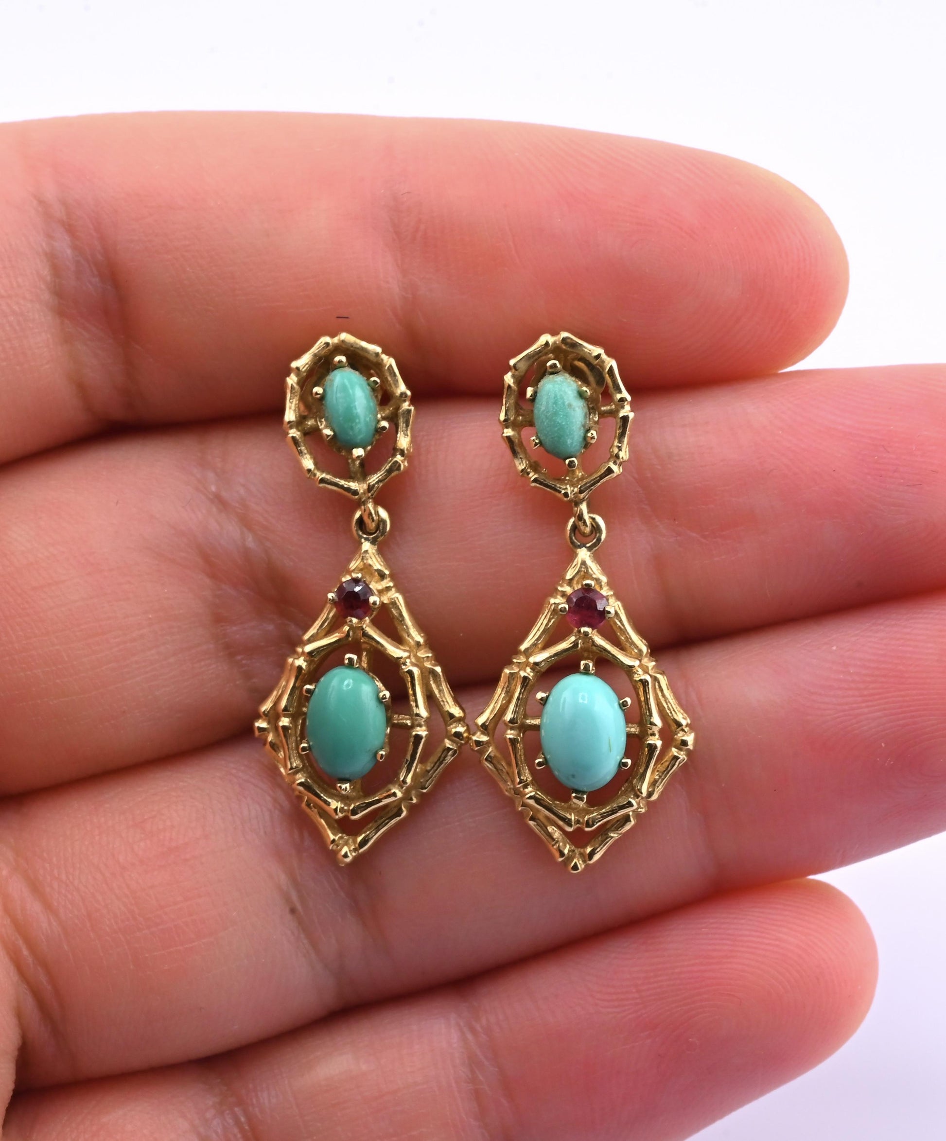 Vintage 14k Gold Turquoise & Red Stone Openwork Dangle Earrings