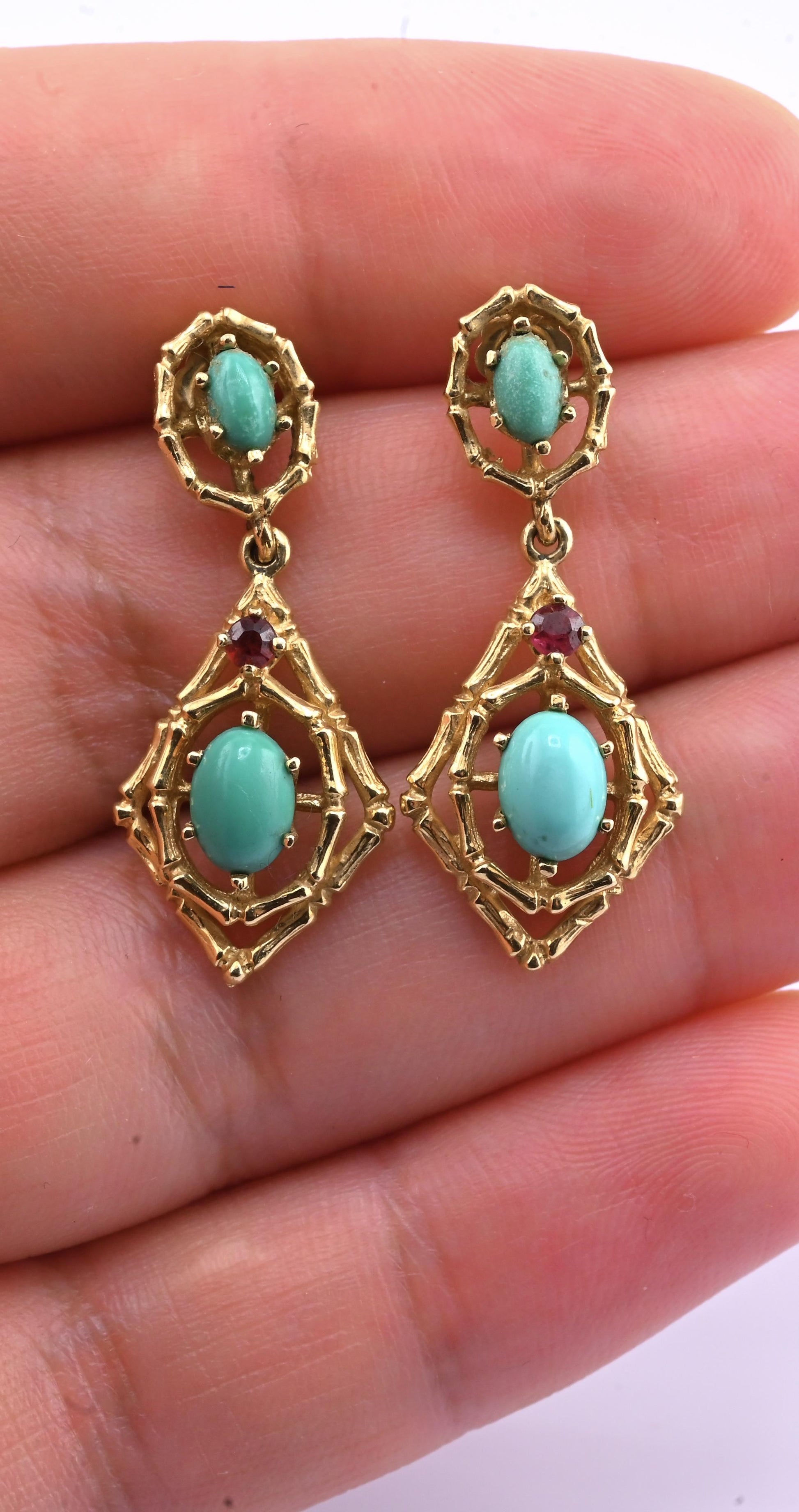 Vintage 14k Gold Turquoise & Red Stone Openwork Dangle Earrings