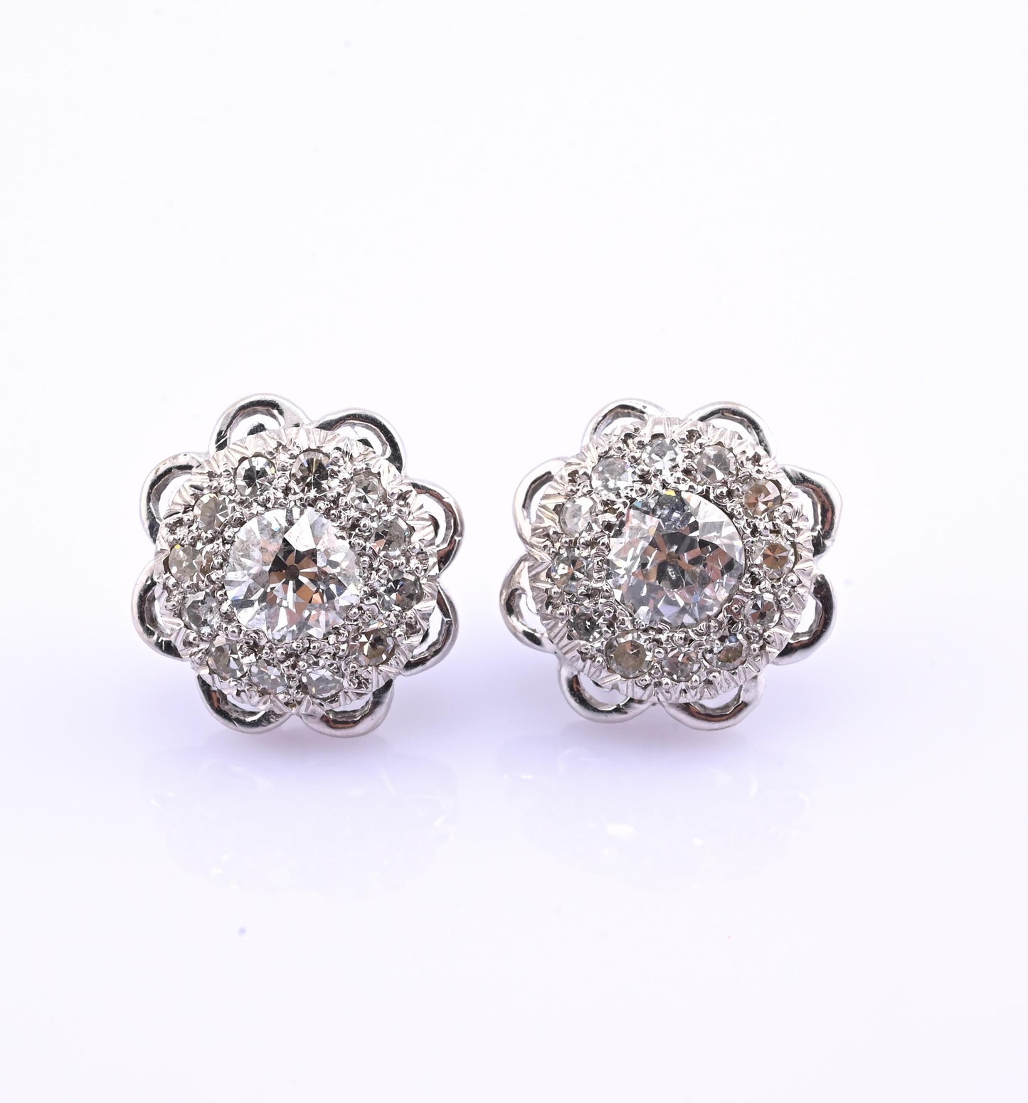 Antique Art Deco 14k White Gold Diamond Cluster Floral Stud Earrings