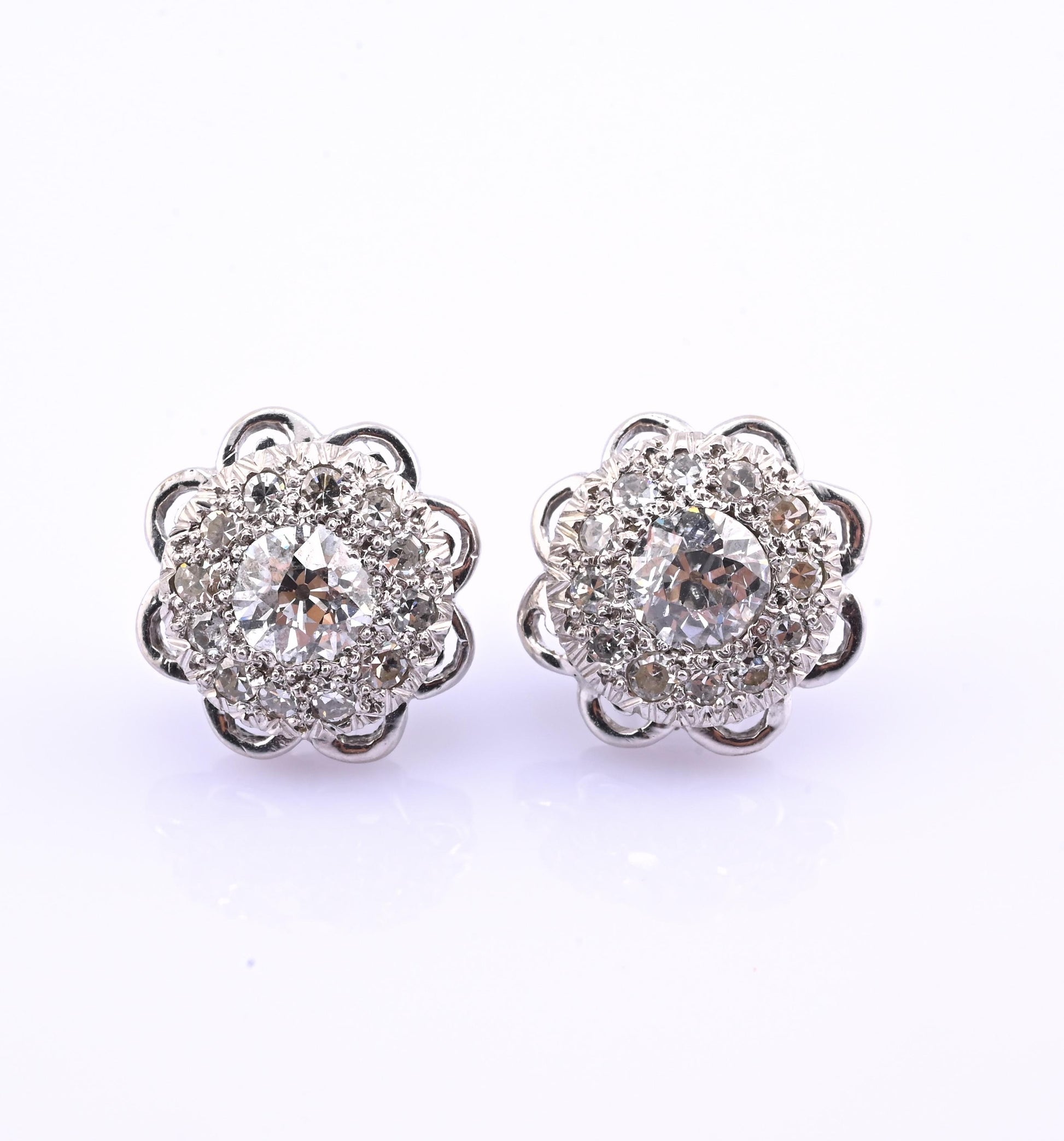 Antique Art Deco 14k White Gold Diamond Cluster Floral Stud Earrings