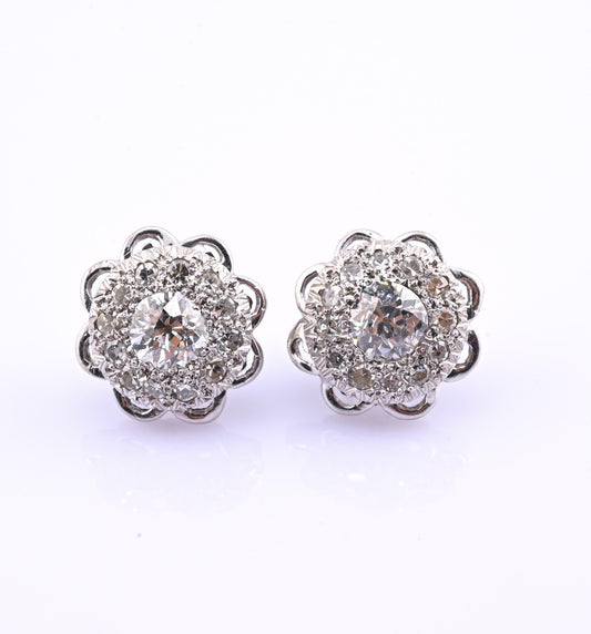 Antique Art Deco 14k White Gold Diamond Cluster Floral Stud Earrings