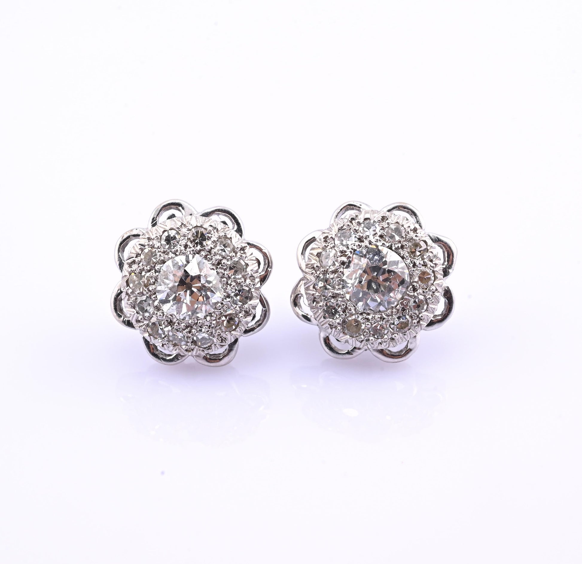 Antique Art Deco 14k White Gold Diamond Cluster Floral Stud Earrings