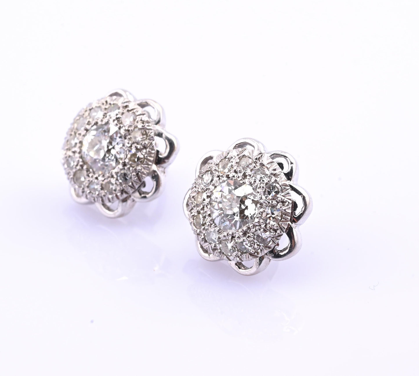 Antique Art Deco 14k White Gold Diamond Cluster Floral Stud Earrings