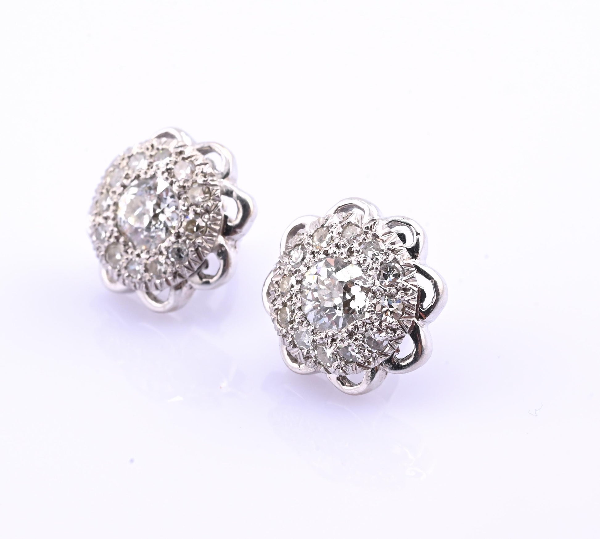 Antique Art Deco 14k White Gold Diamond Cluster Floral Stud Earrings