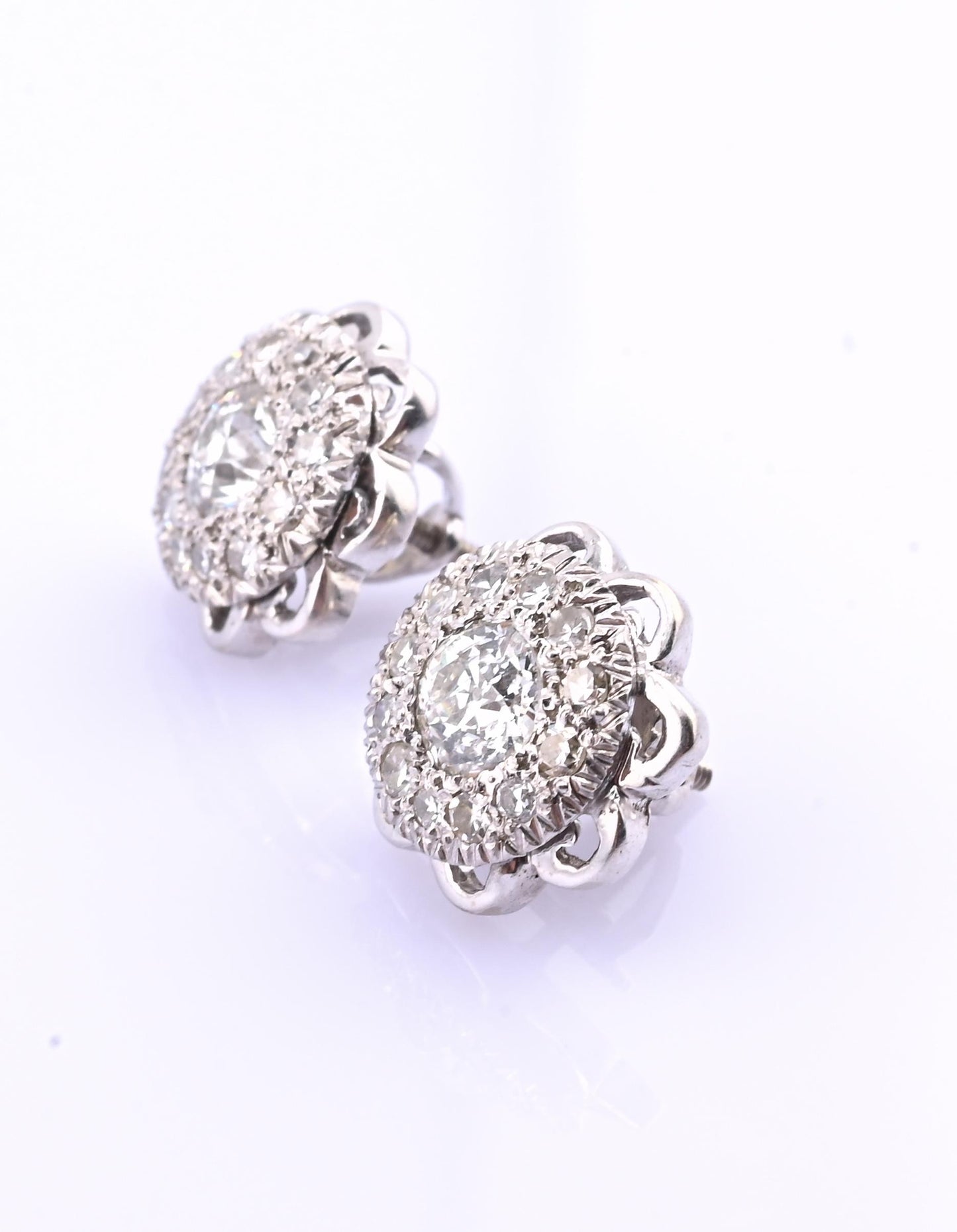Antique Art Deco 14k White Gold Diamond Cluster Floral Stud Earrings