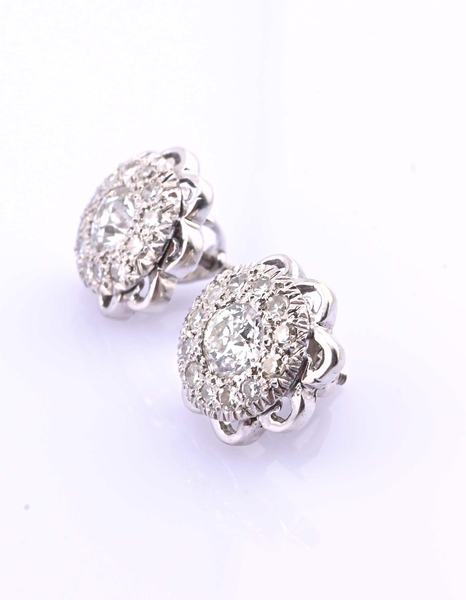 Antique Art Deco 14k White Gold Diamond Cluster Floral Stud Earrings