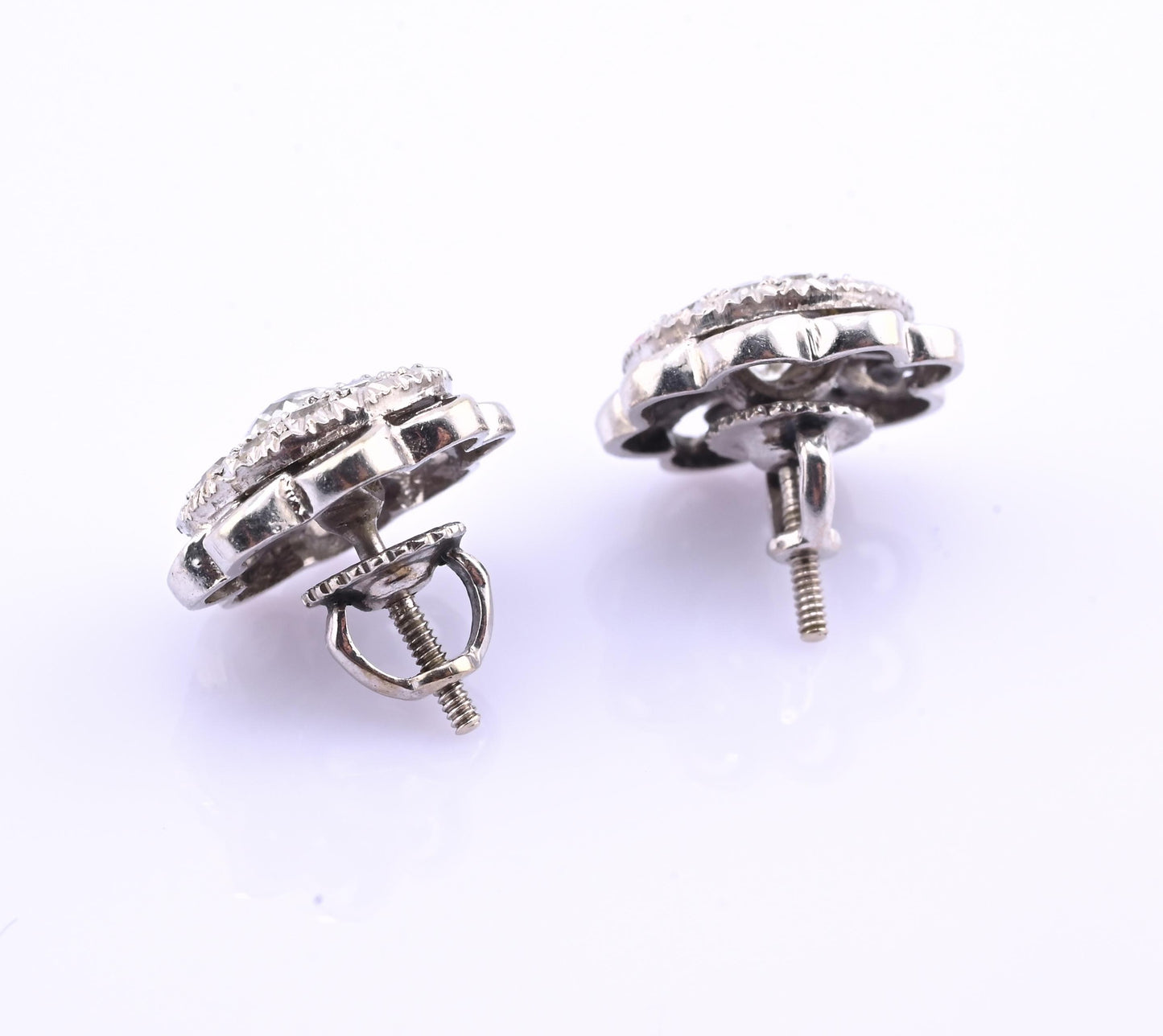 Antique Art Deco 14k White Gold Diamond Cluster Floral Stud Earrings