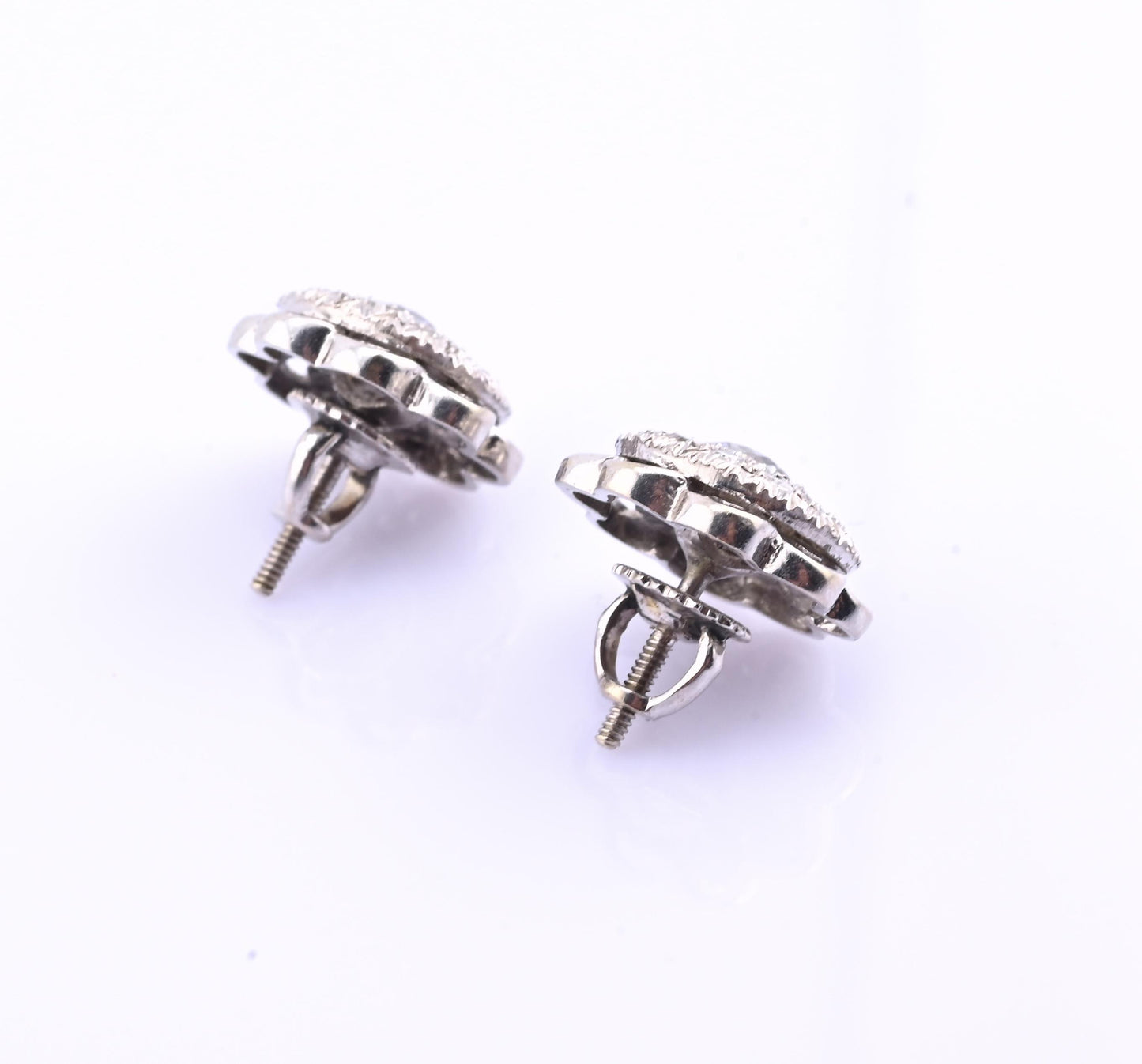 Antique Art Deco 14k White Gold Diamond Cluster Floral Stud Earrings