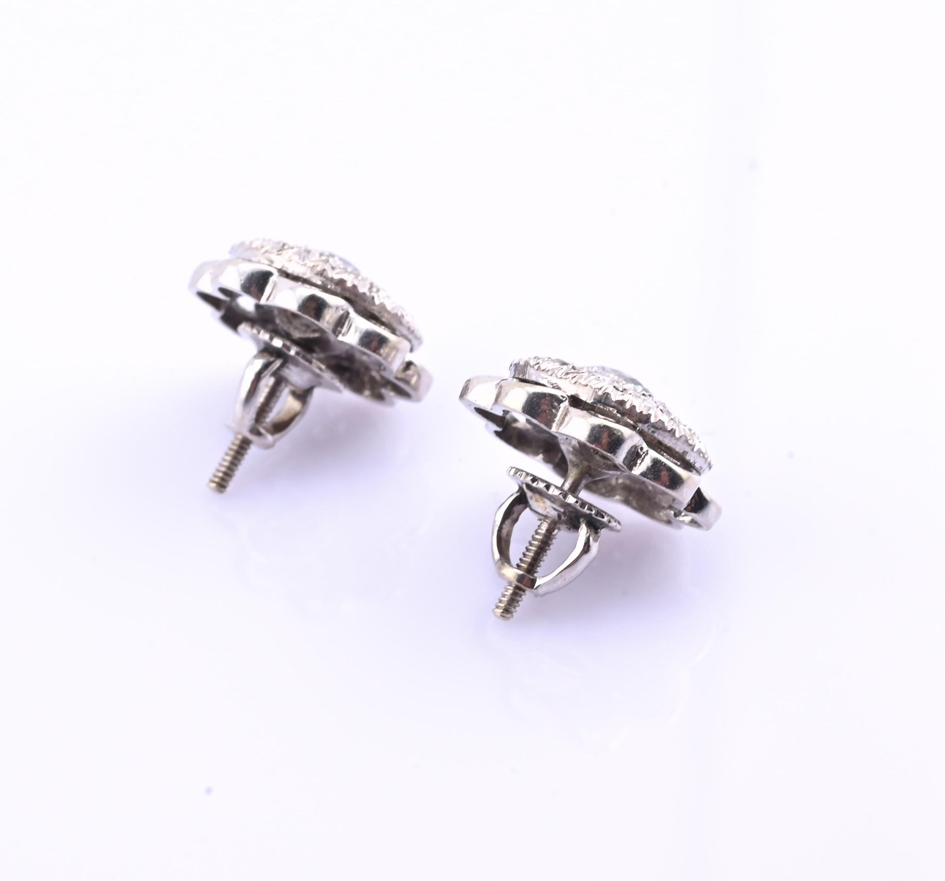 Antique Art Deco 14k White Gold Diamond Cluster Floral Stud Earrings