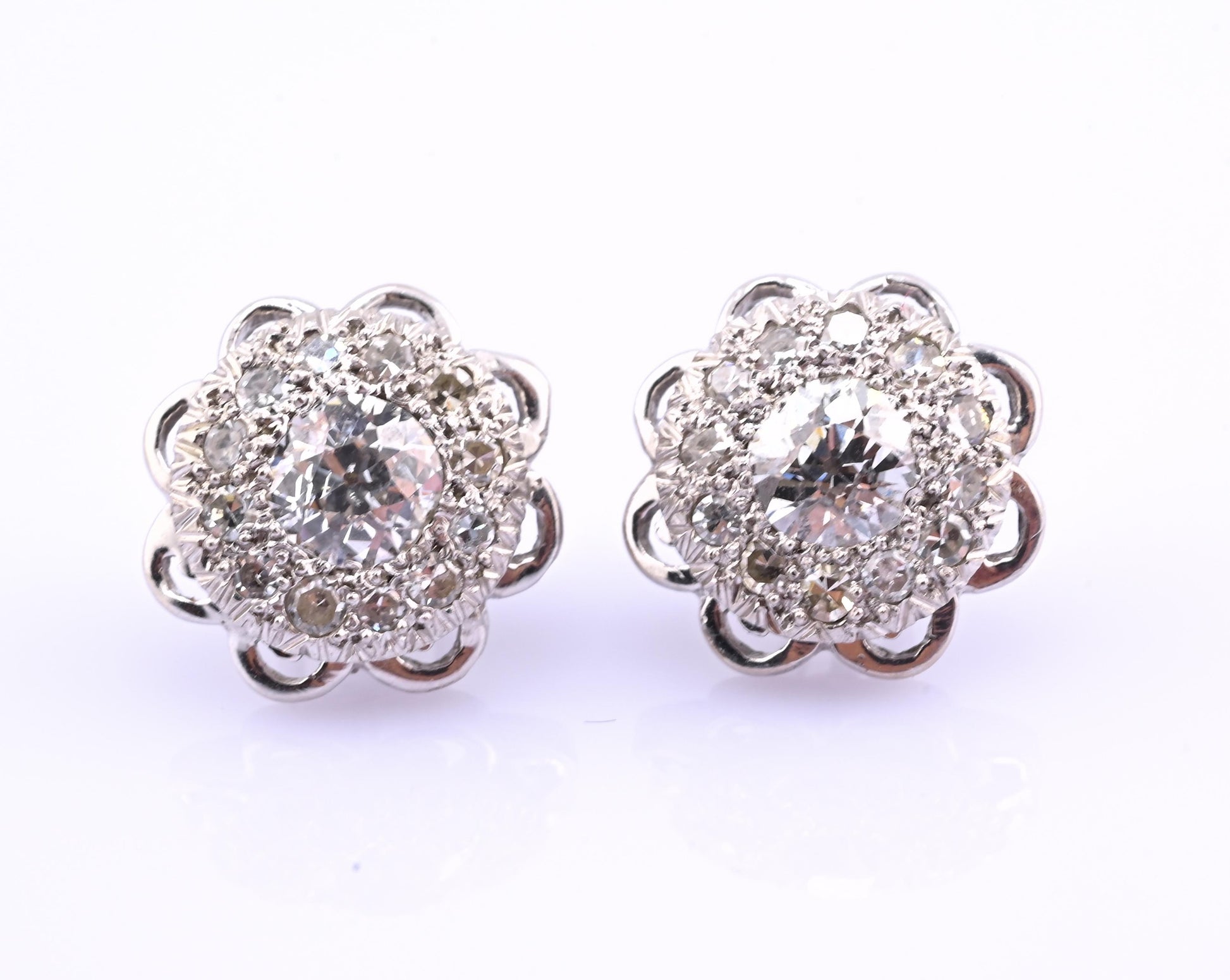 Antique Art Deco 14k White Gold Diamond Cluster Floral Stud Earrings