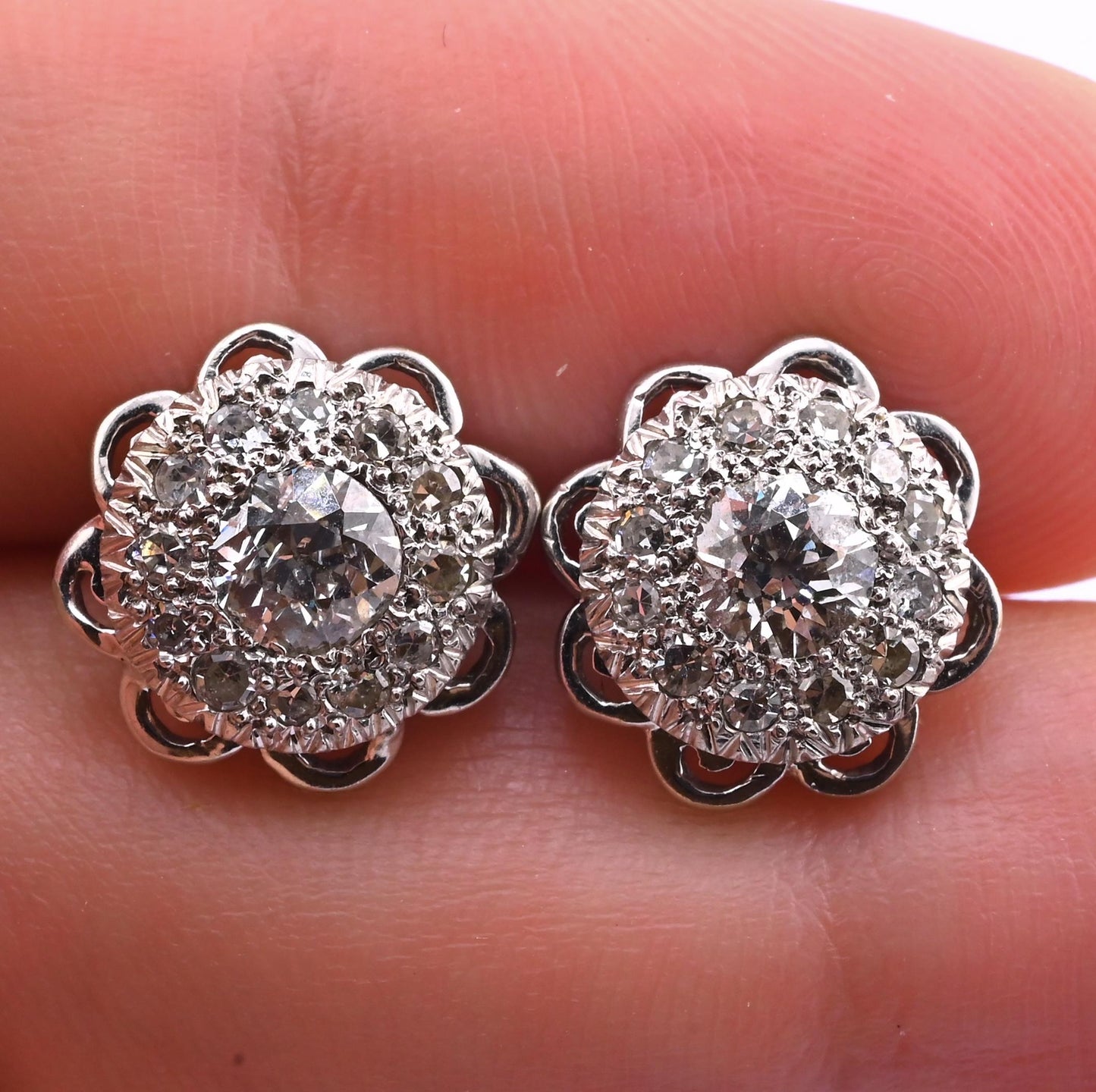 Antique Art Deco 14k White Gold Diamond Cluster Floral Stud Earrings