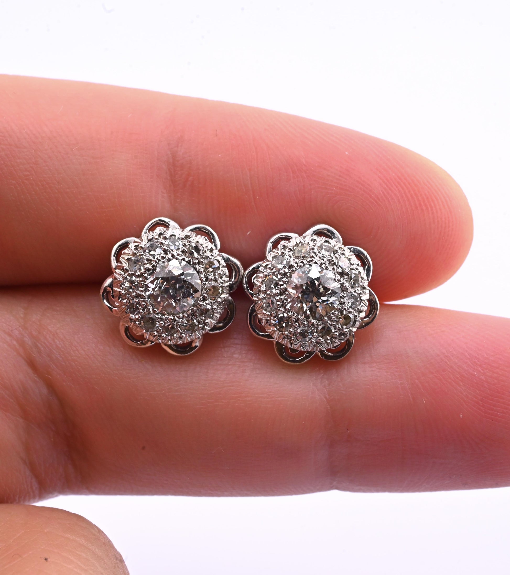 Antique Art Deco 14k White Gold Diamond Cluster Floral Stud Earrings