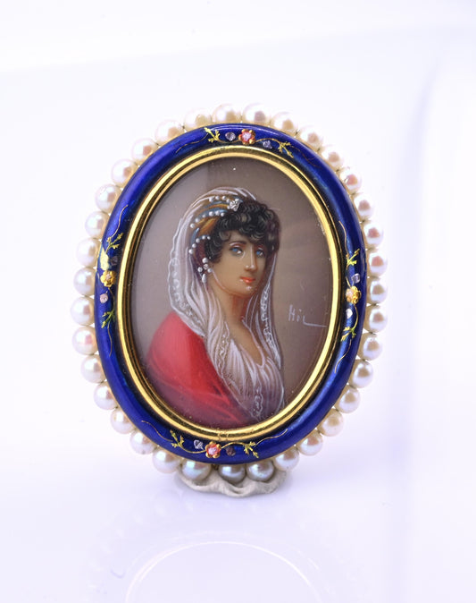 Antique Italian 18k Gold Hand-Painted Enamel & Pearl Portrait Brooch