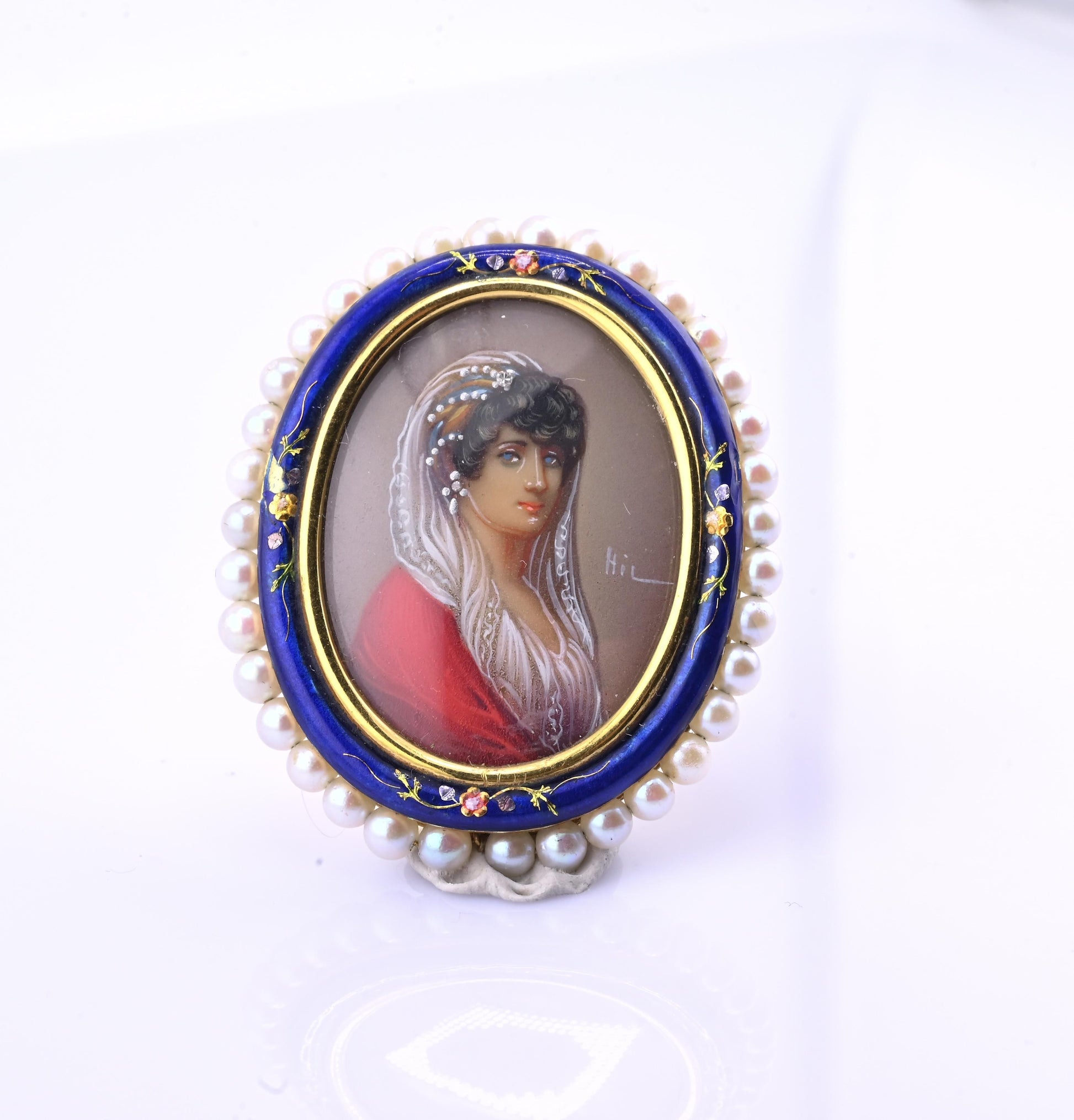 Antique Italian 18k Gold Hand-Painted Enamel & Pearl Portrait Brooch