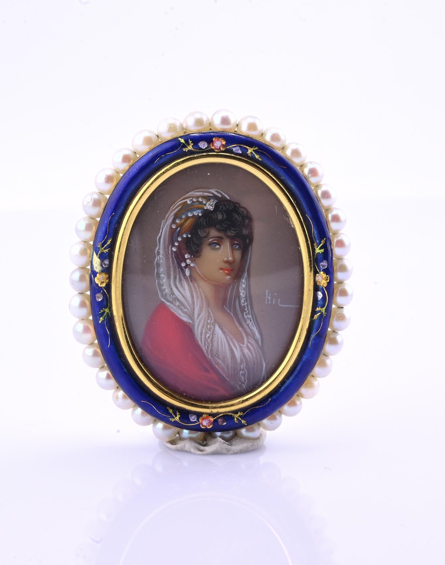Antique Italian 18k Gold Hand-Painted Enamel & Pearl Portrait Brooch