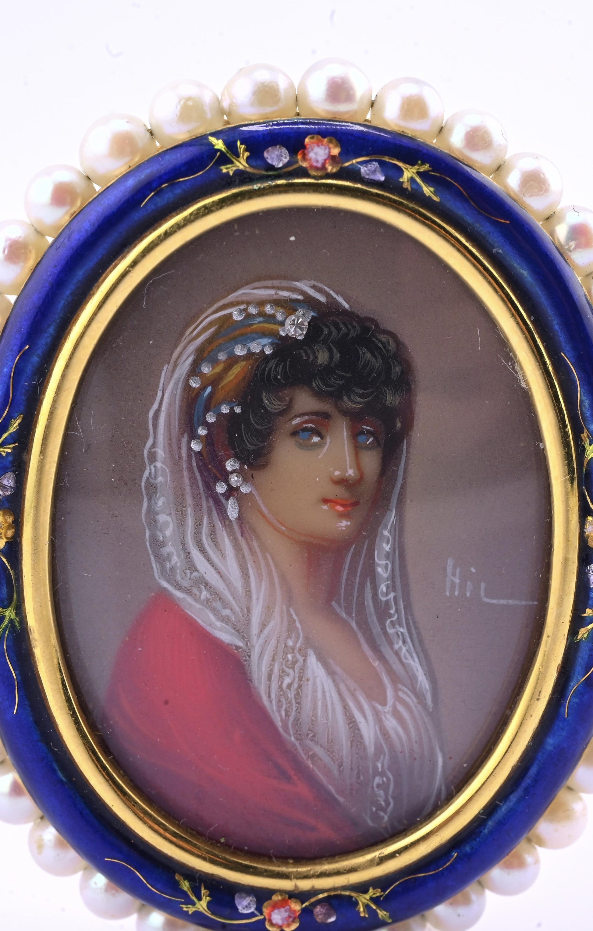 Antique Italian 18k Gold Hand-Painted Enamel & Pearl Portrait Brooch