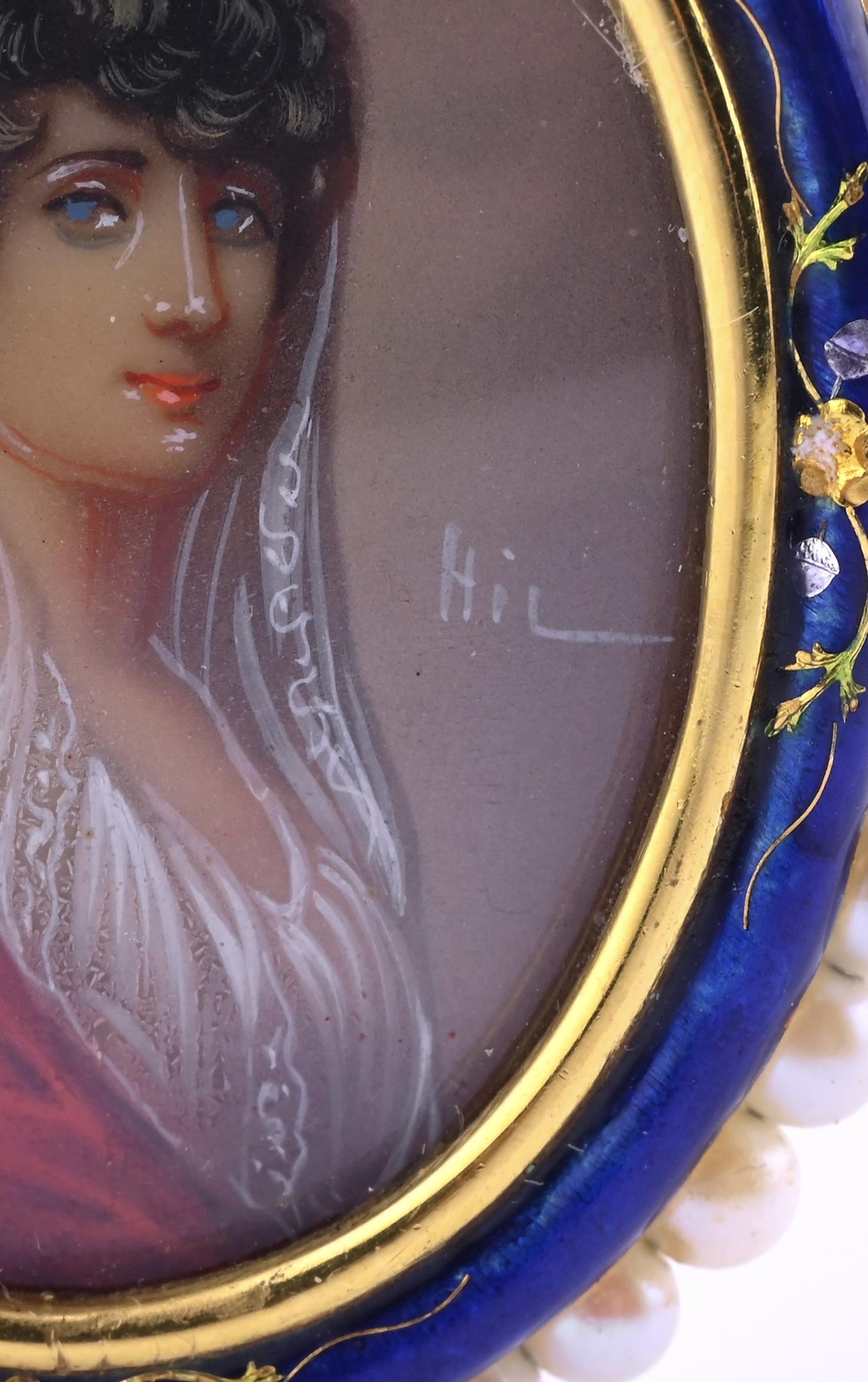Antique Italian 18k Gold Hand-Painted Enamel & Pearl Portrait Brooch