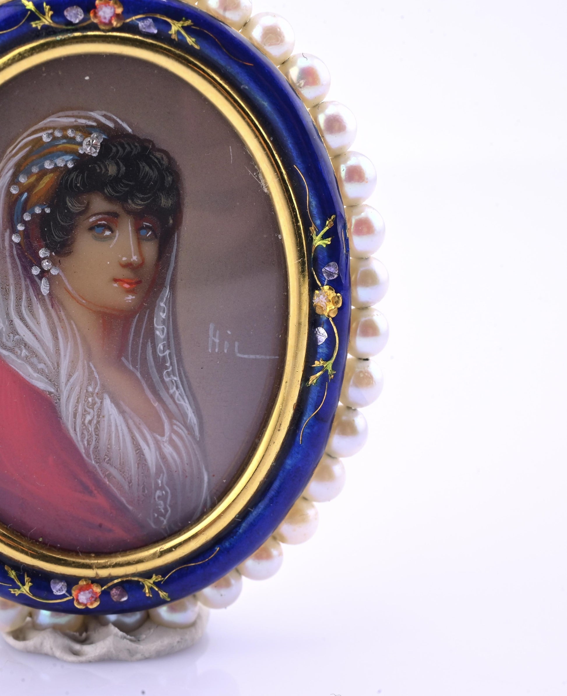 Antique Italian 18k Gold Hand-Painted Enamel & Pearl Portrait Brooch