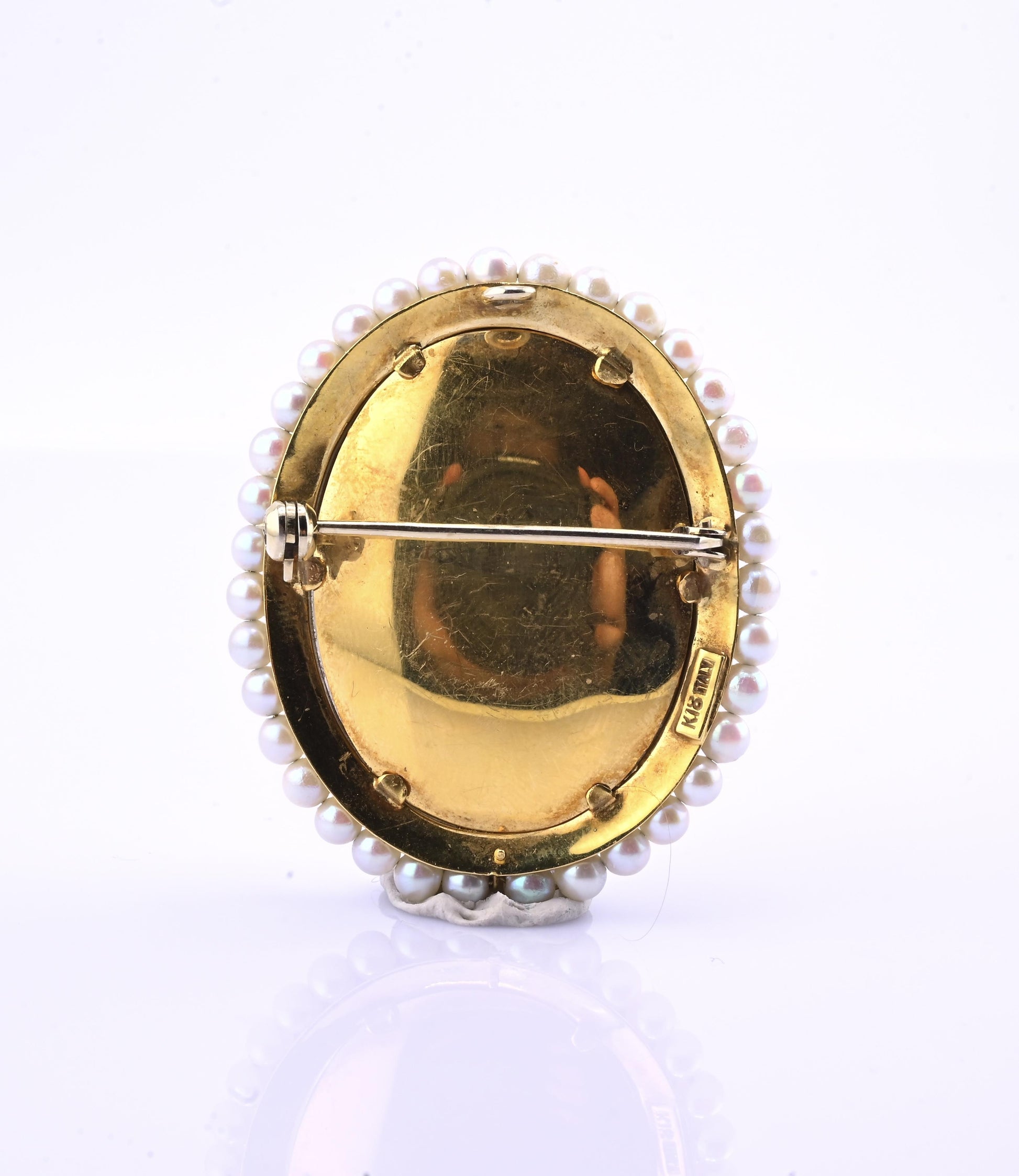 Antique Italian 18k Gold Hand-Painted Enamel & Pearl Portrait Brooch
