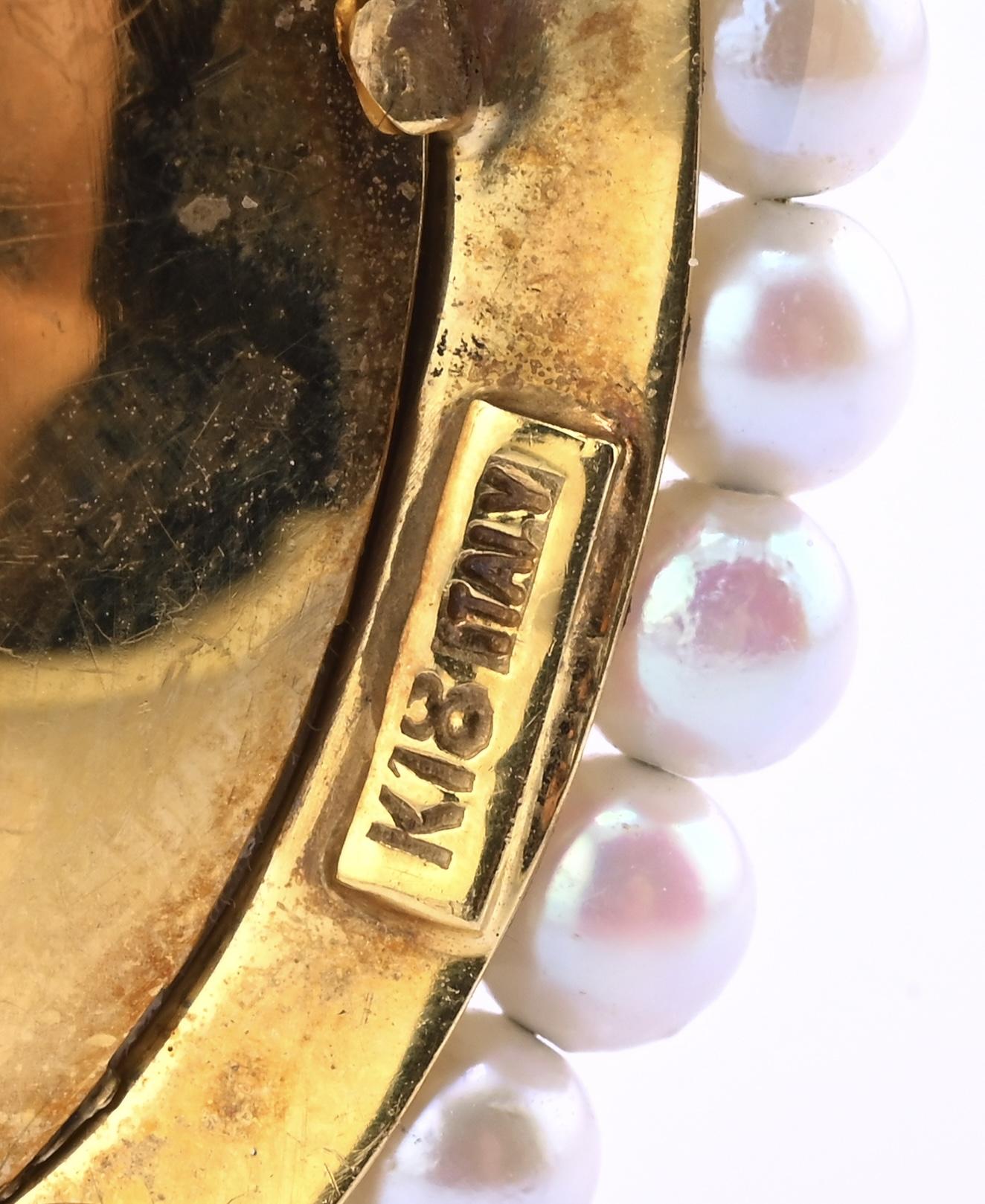 Antique Italian 18k Gold Hand-Painted Enamel & Pearl Portrait Brooch