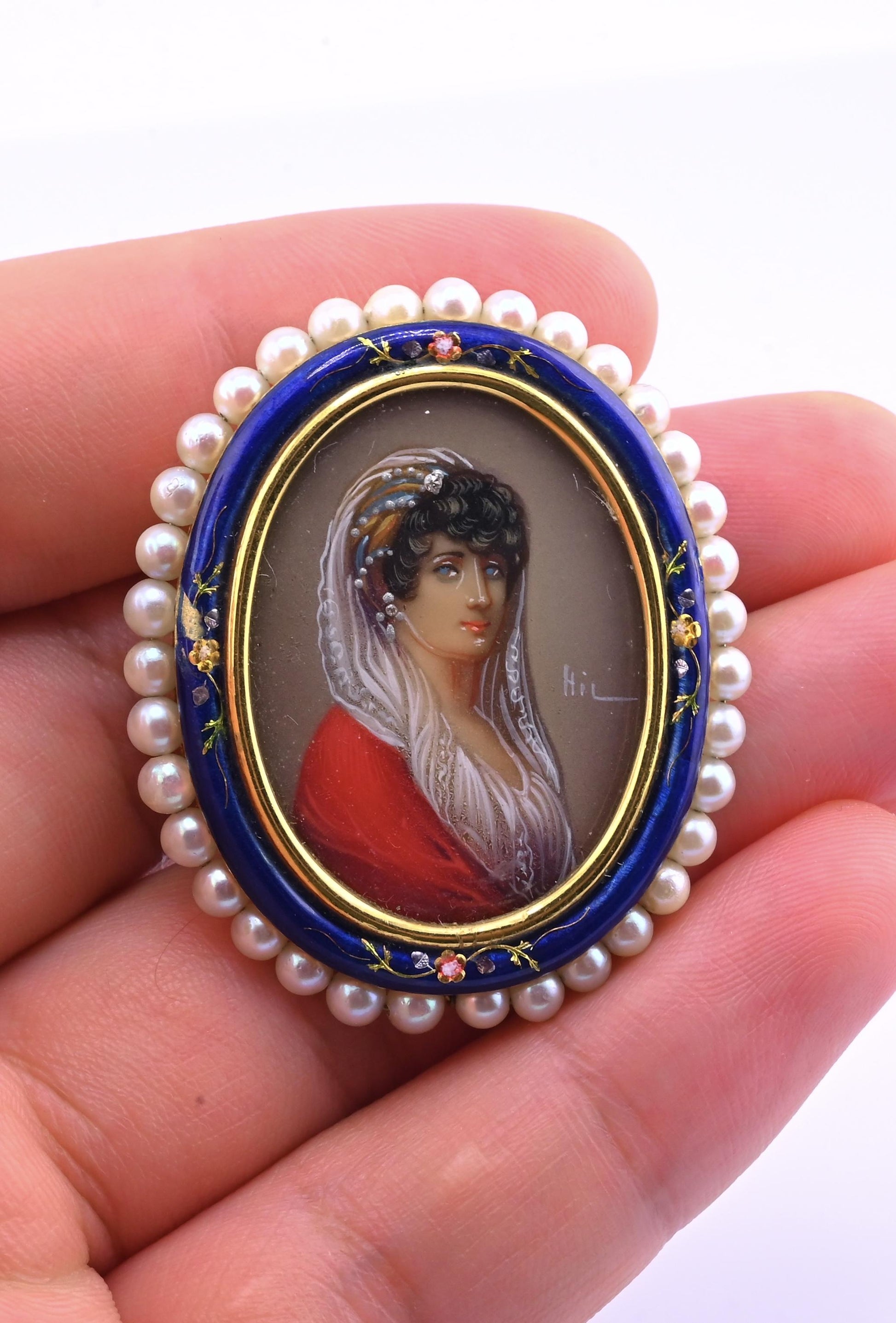 Antique Italian 18k Gold Hand-Painted Enamel & Pearl Portrait Brooch
