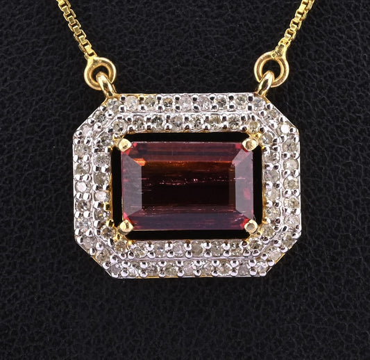 IGI Certified 14k Yellow Gold Pink Tourmaline & Diamond Halo Necklace