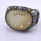 Antique Chinese Gilt Silver Filigree & Enamel Cuff Bracelet with Carved Celadon