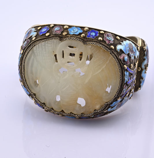 Antique Chinese Gilt Silver Filigree & Enamel Cuff Bracelet with Carved Celadon