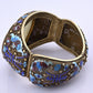 Antique Chinese Gilt Silver Filigree & Enamel Cuff Bracelet with Carved Celadon