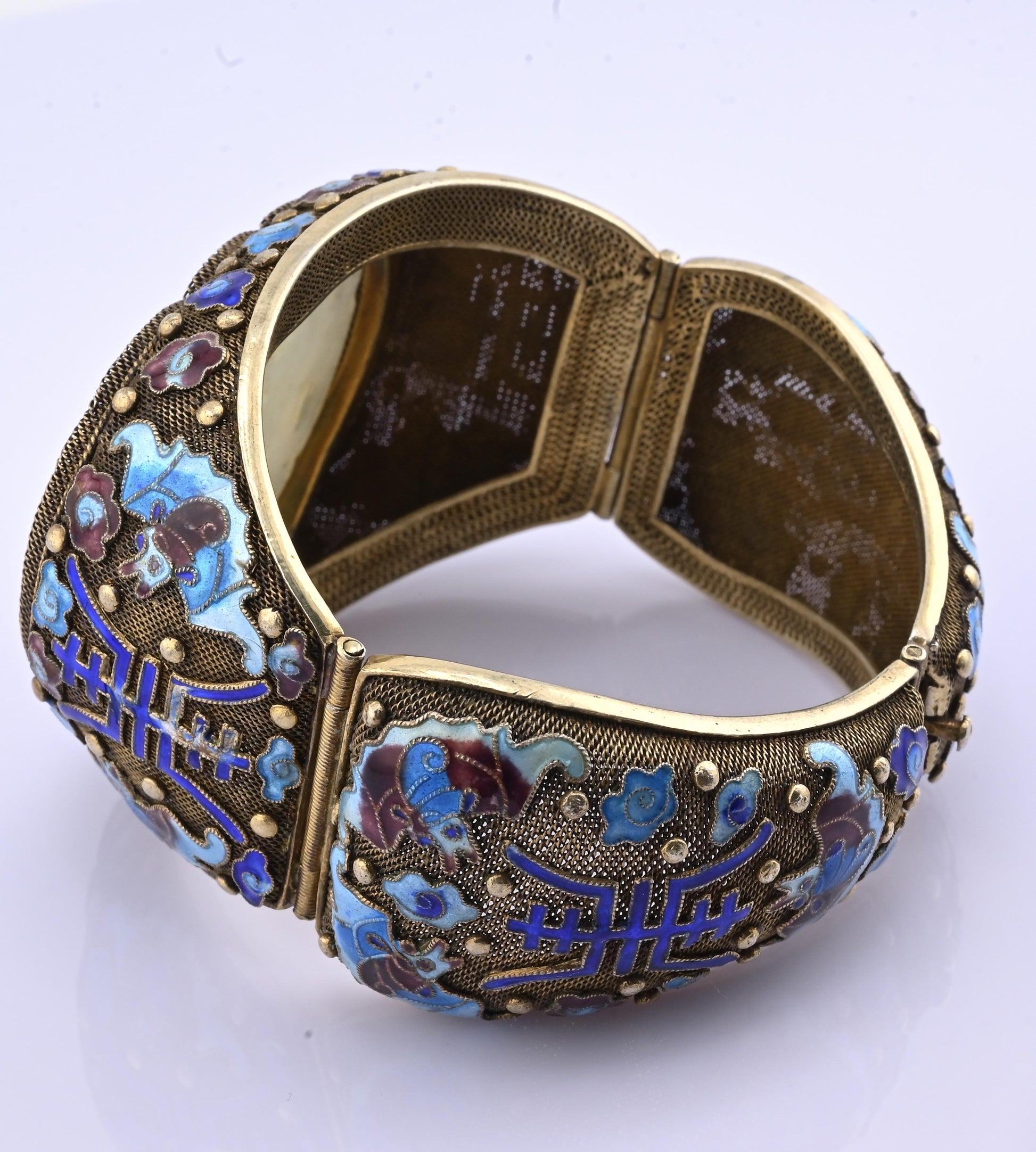 Antique Chinese Gilt Silver Filigree & Enamel Cuff Bracelet with Carved Celadon
