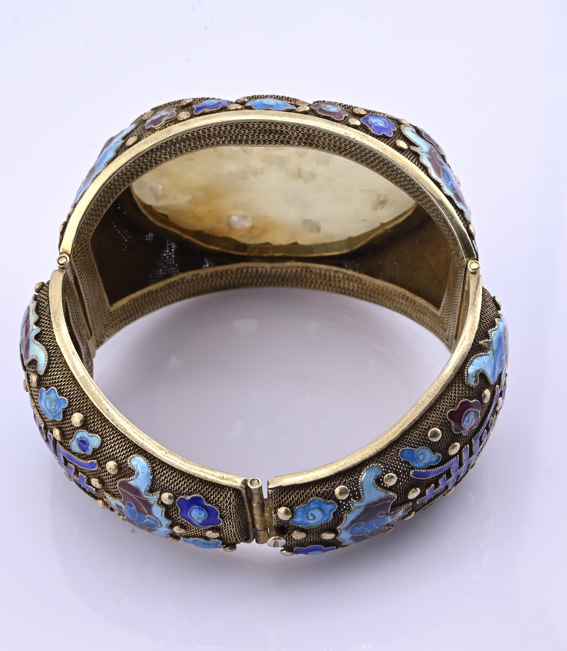 Antique Chinese Gilt Silver Filigree & Enamel Cuff Bracelet with Carved Celadon