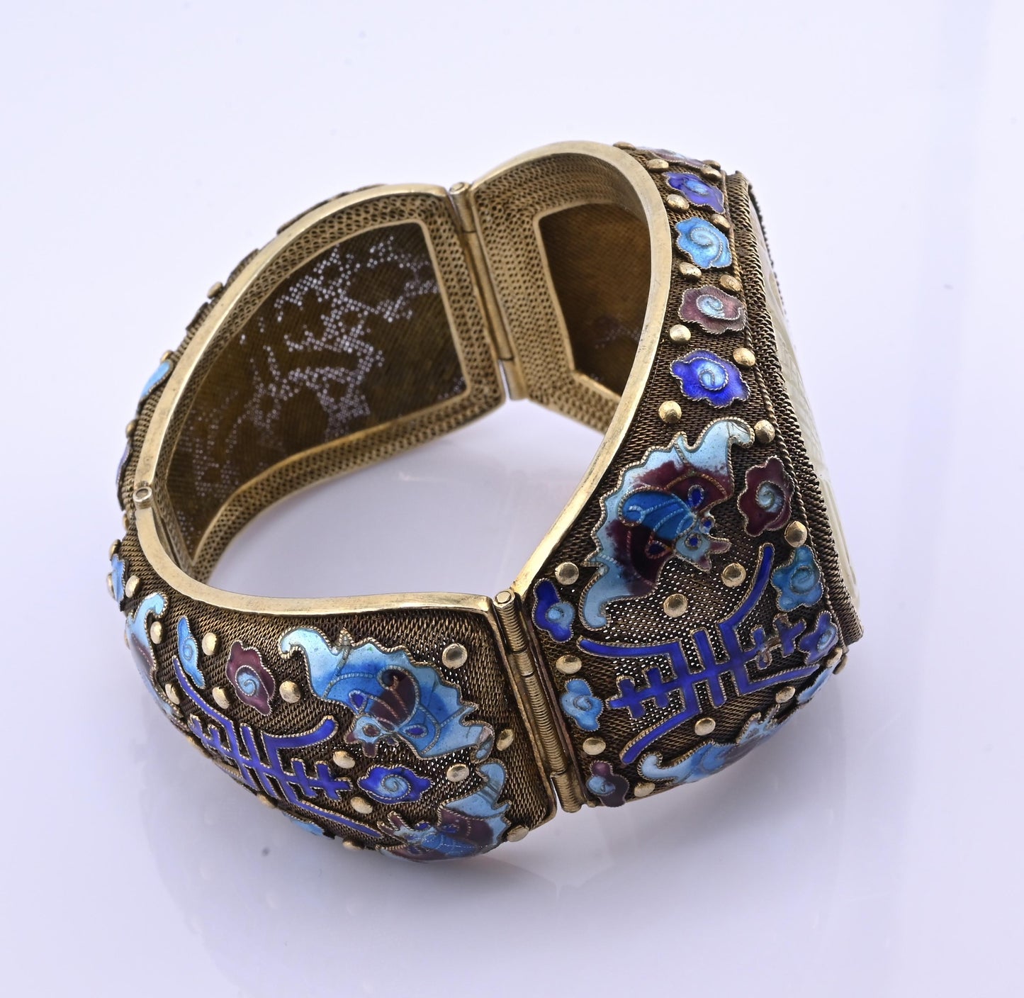 Antique Chinese Gilt Silver Filigree & Enamel Cuff Bracelet with Carved Celadon