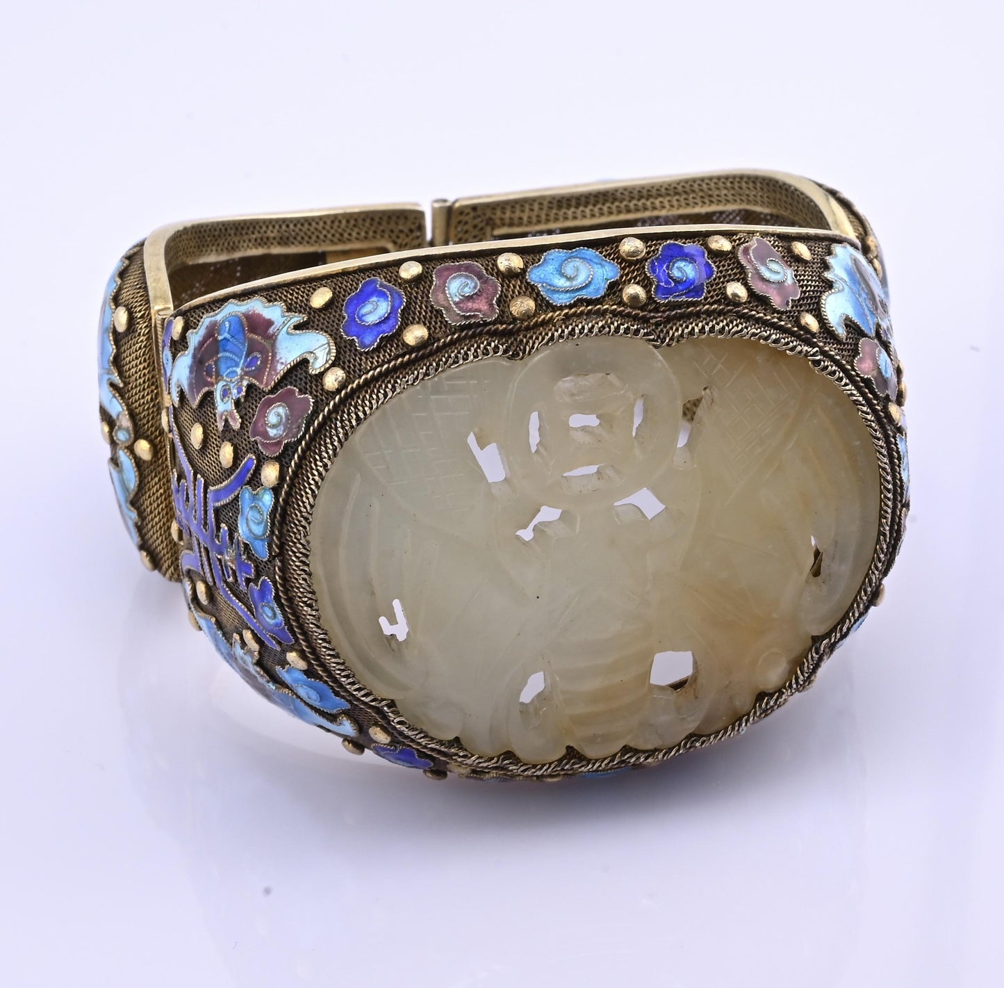 Antique Chinese Gilt Silver Filigree & Enamel Cuff Bracelet with Carved Celadon
