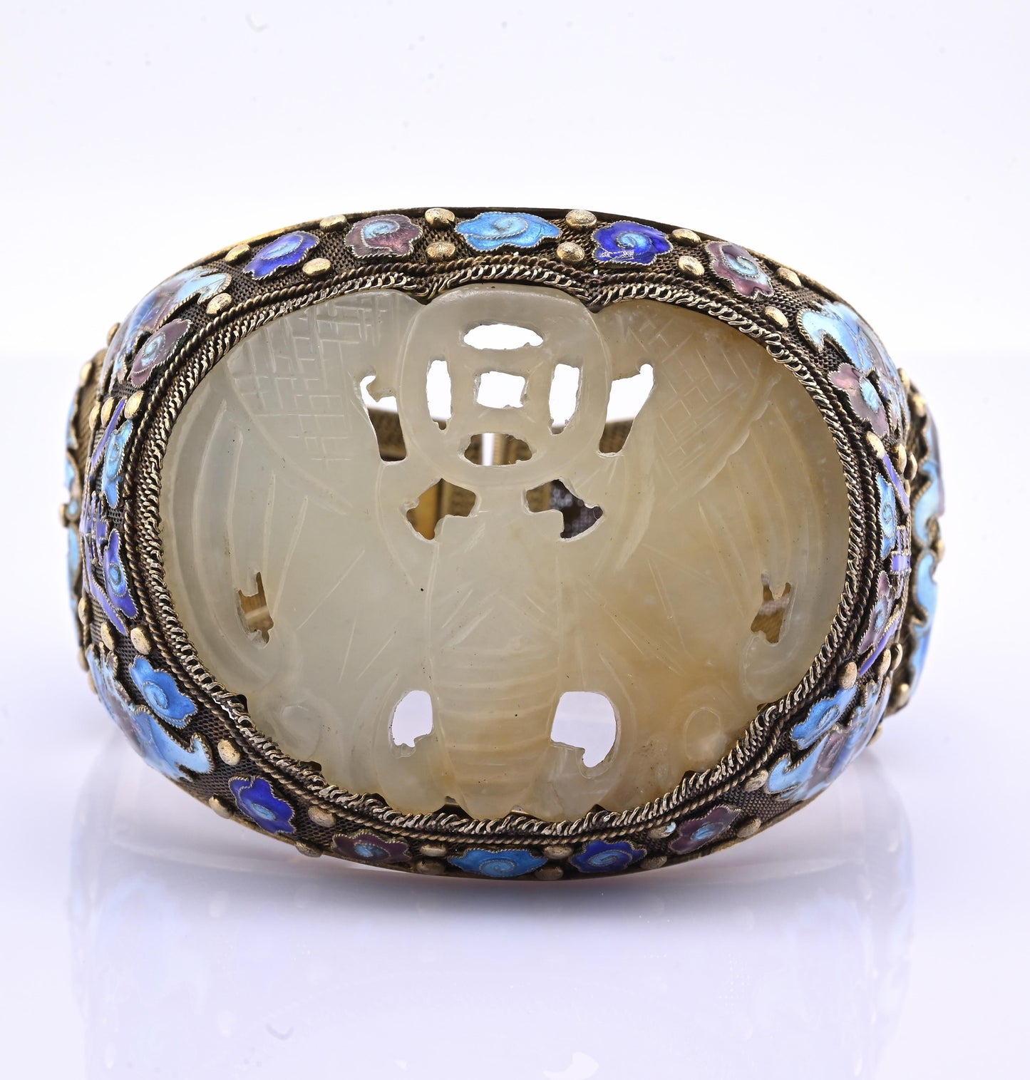 Antique Chinese Gilt Silver Filigree & Enamel Cuff Bracelet with Carved Celadon