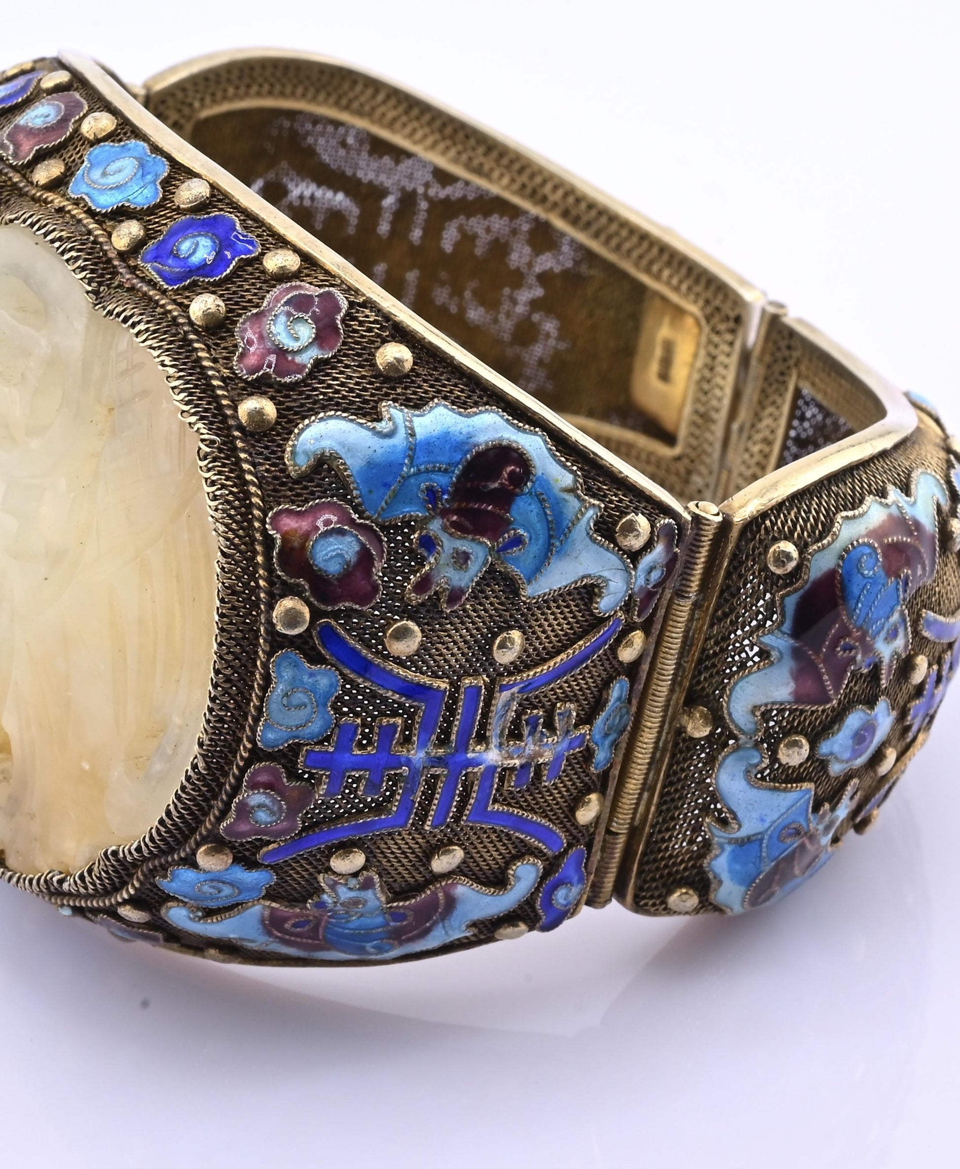Antique Chinese Gilt Silver Filigree & Enamel Cuff Bracelet with Carved Celadon