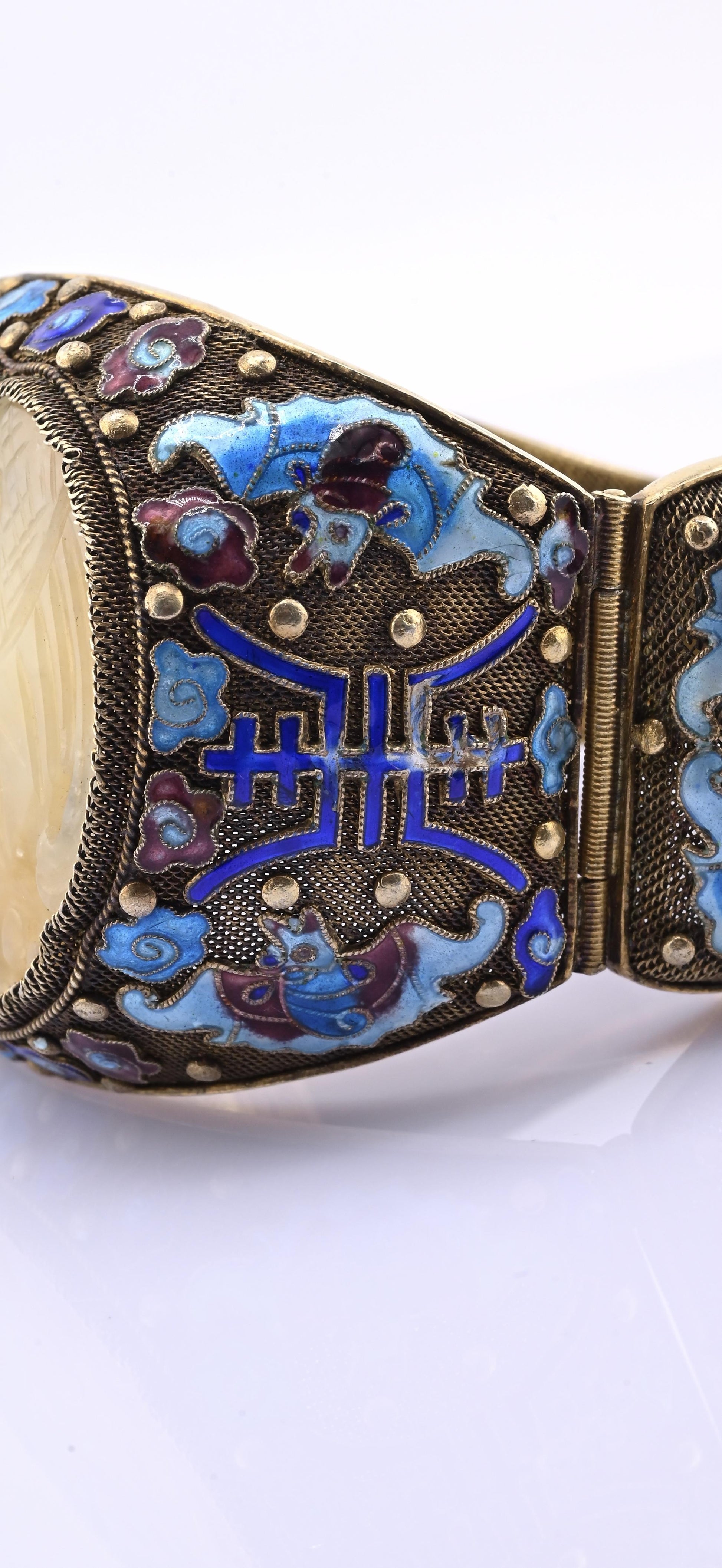 Antique Chinese Gilt Silver Filigree & Enamel Cuff Bracelet with Carved Celadon