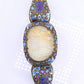 Antique Chinese Gilt Silver Filigree & Enamel Cuff Bracelet with Carved Celadon