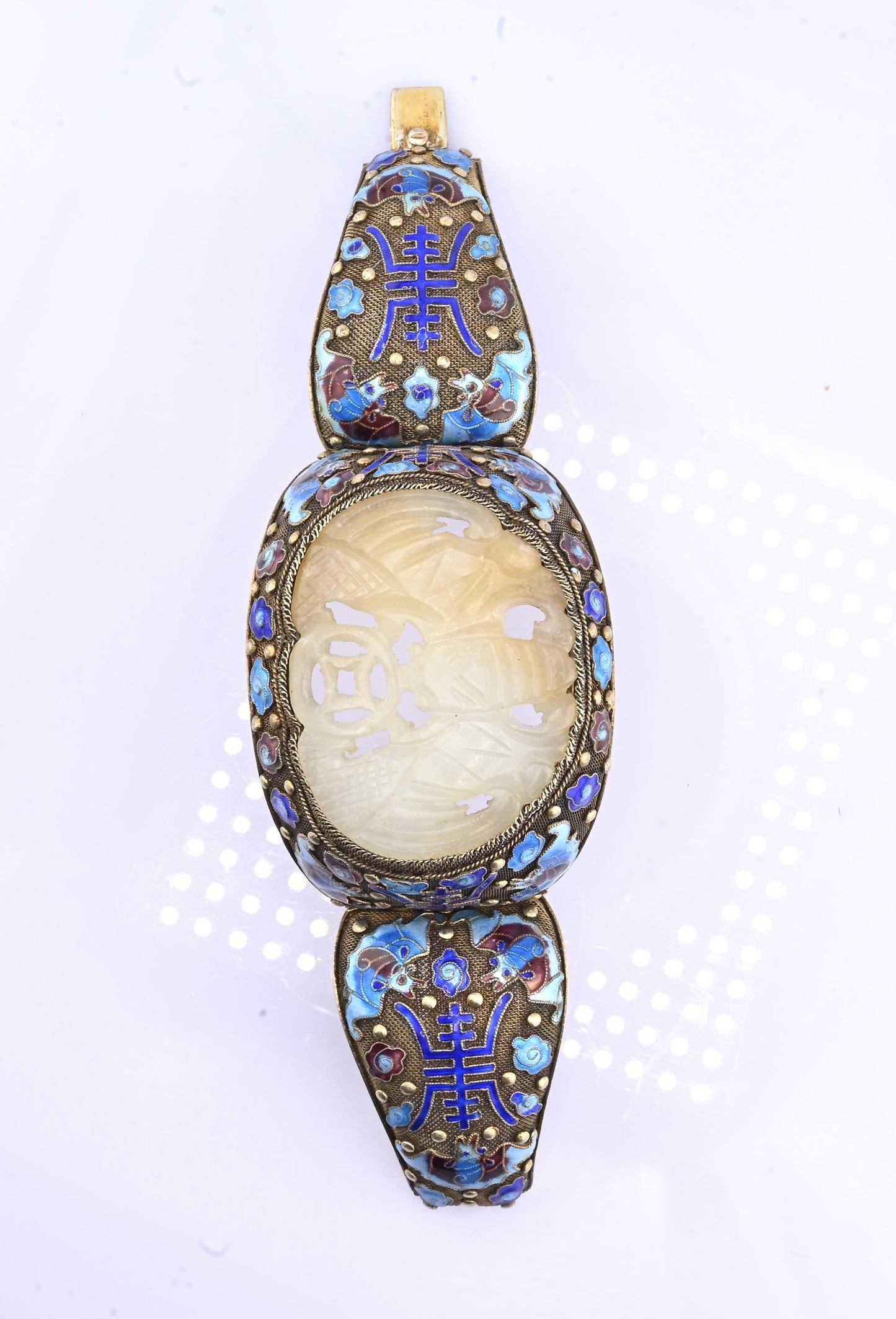 Antique Chinese Gilt Silver Filigree & Enamel Cuff Bracelet with Carved Celadon