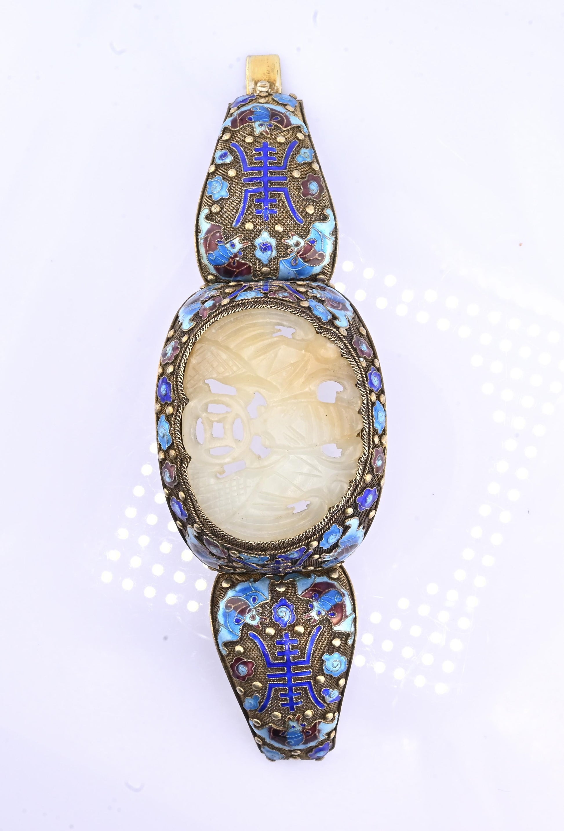 Antique Chinese Gilt Silver Filigree & Enamel Cuff Bracelet with Carved Celadon