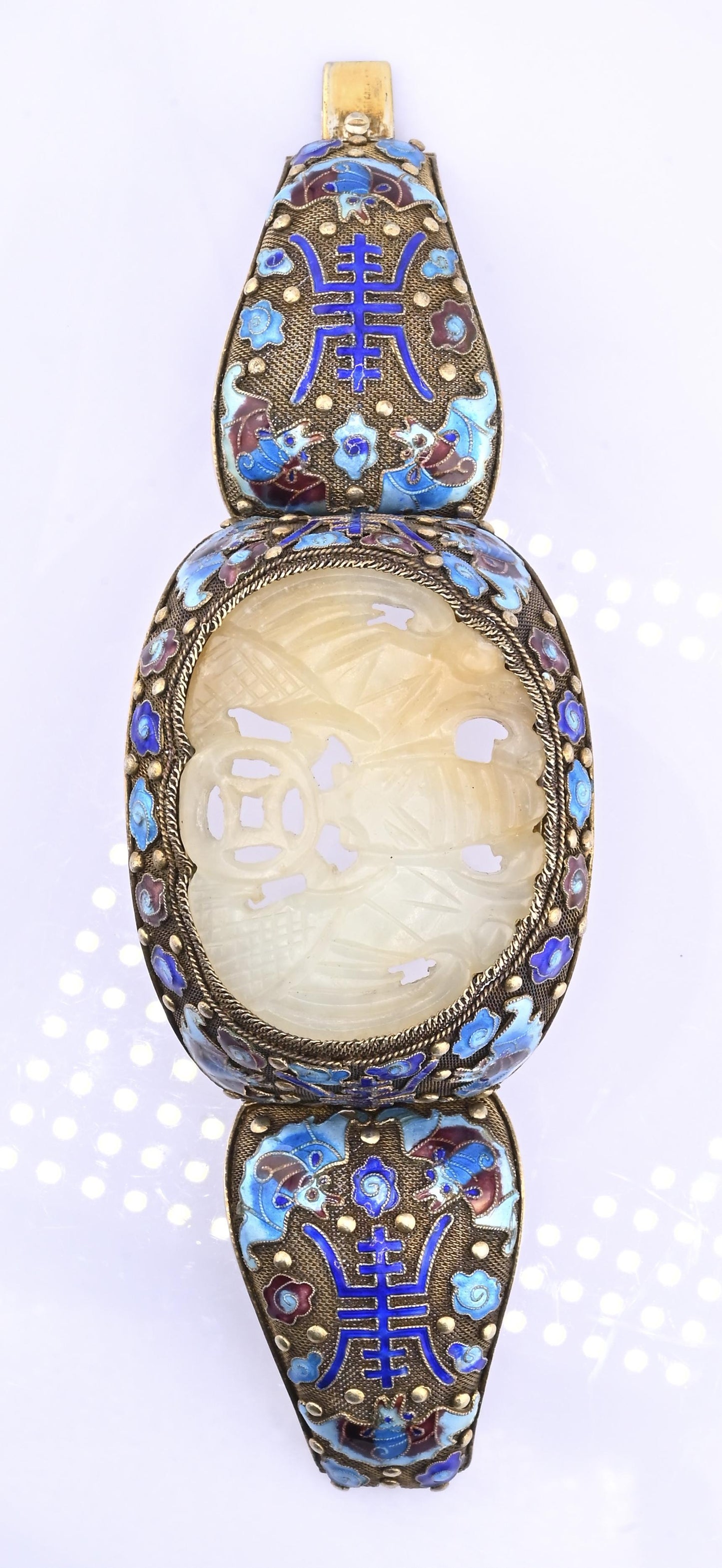 Antique Chinese Gilt Silver Filigree & Enamel Cuff Bracelet with Carved Celadon