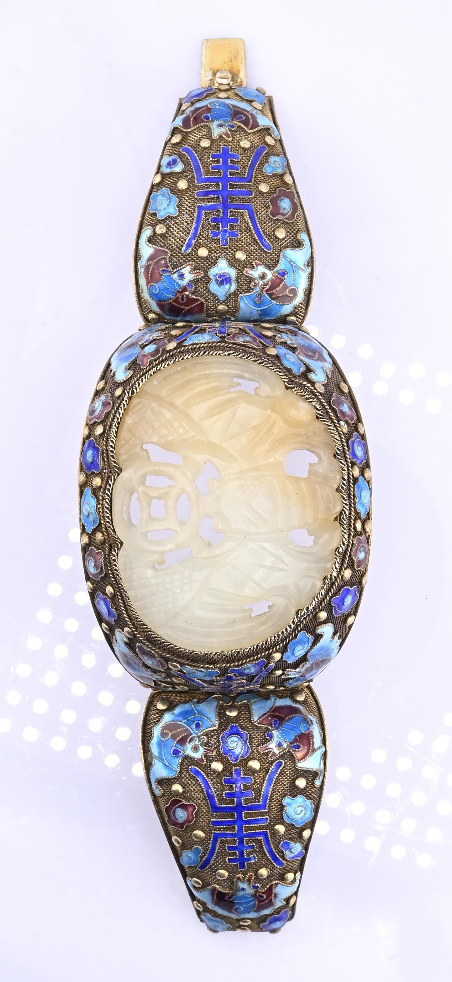 Antique Chinese Gilt Silver Filigree & Enamel Cuff Bracelet with Carved Celadon