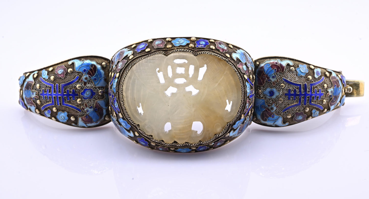Antique Chinese Gilt Silver Filigree & Enamel Cuff Bracelet with Carved Celadon