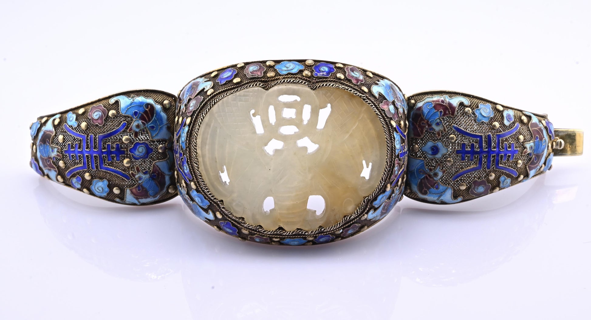Antique Chinese Gilt Silver Filigree & Enamel Cuff Bracelet with Carved Celadon