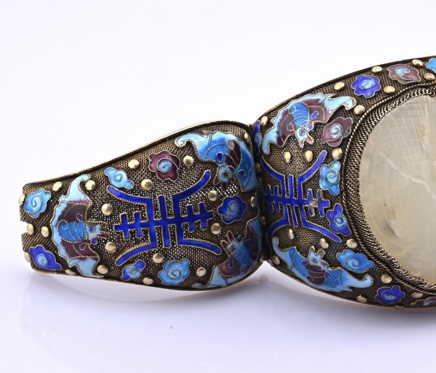 Antique Chinese Gilt Silver Filigree & Enamel Cuff Bracelet with Carved Celadon